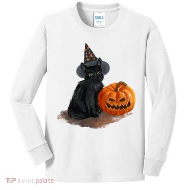 Halloween Pumpkin Black Cat Kids Long Sleeve Shirt