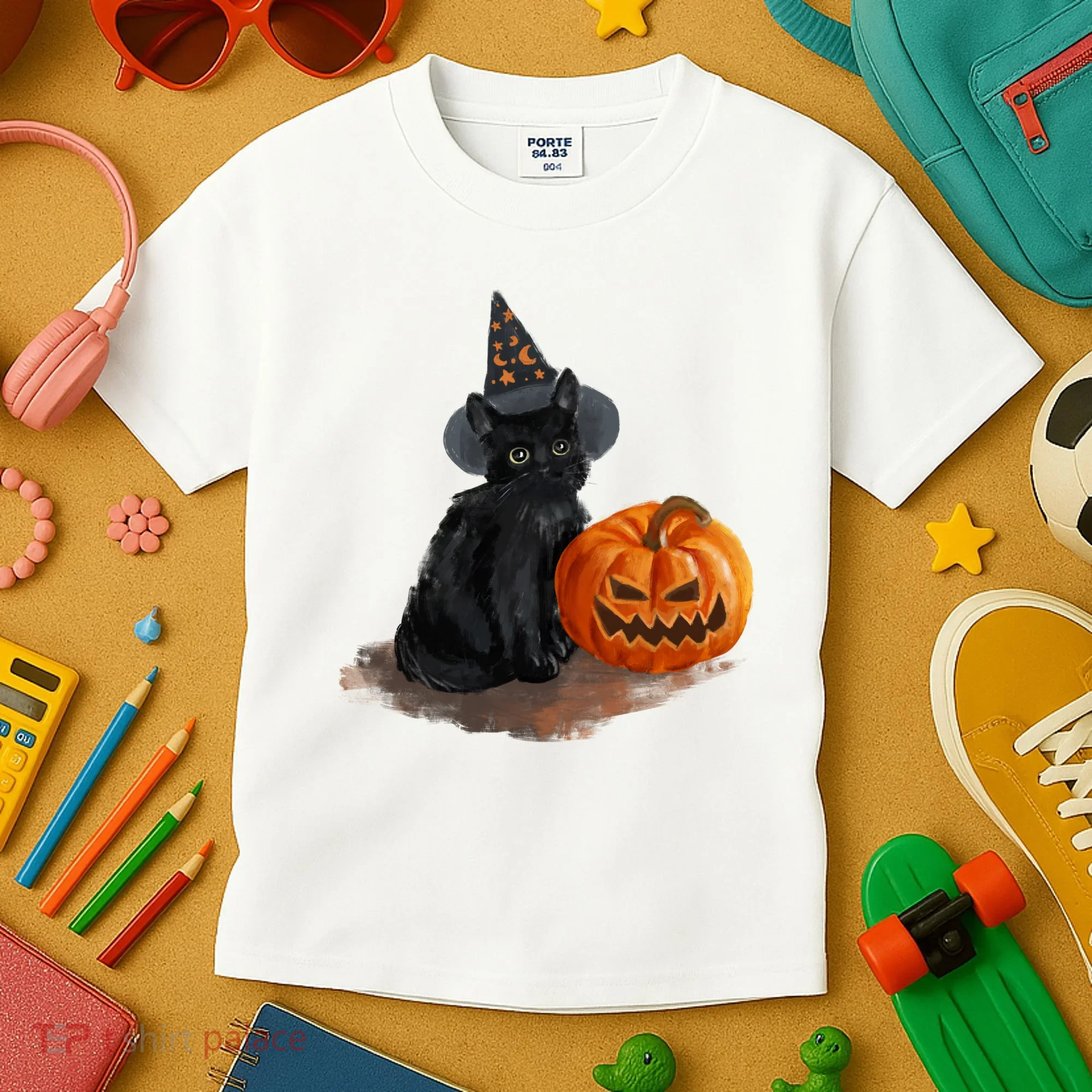 Halloween Pumpkin Black Cat Kids T-Shirt