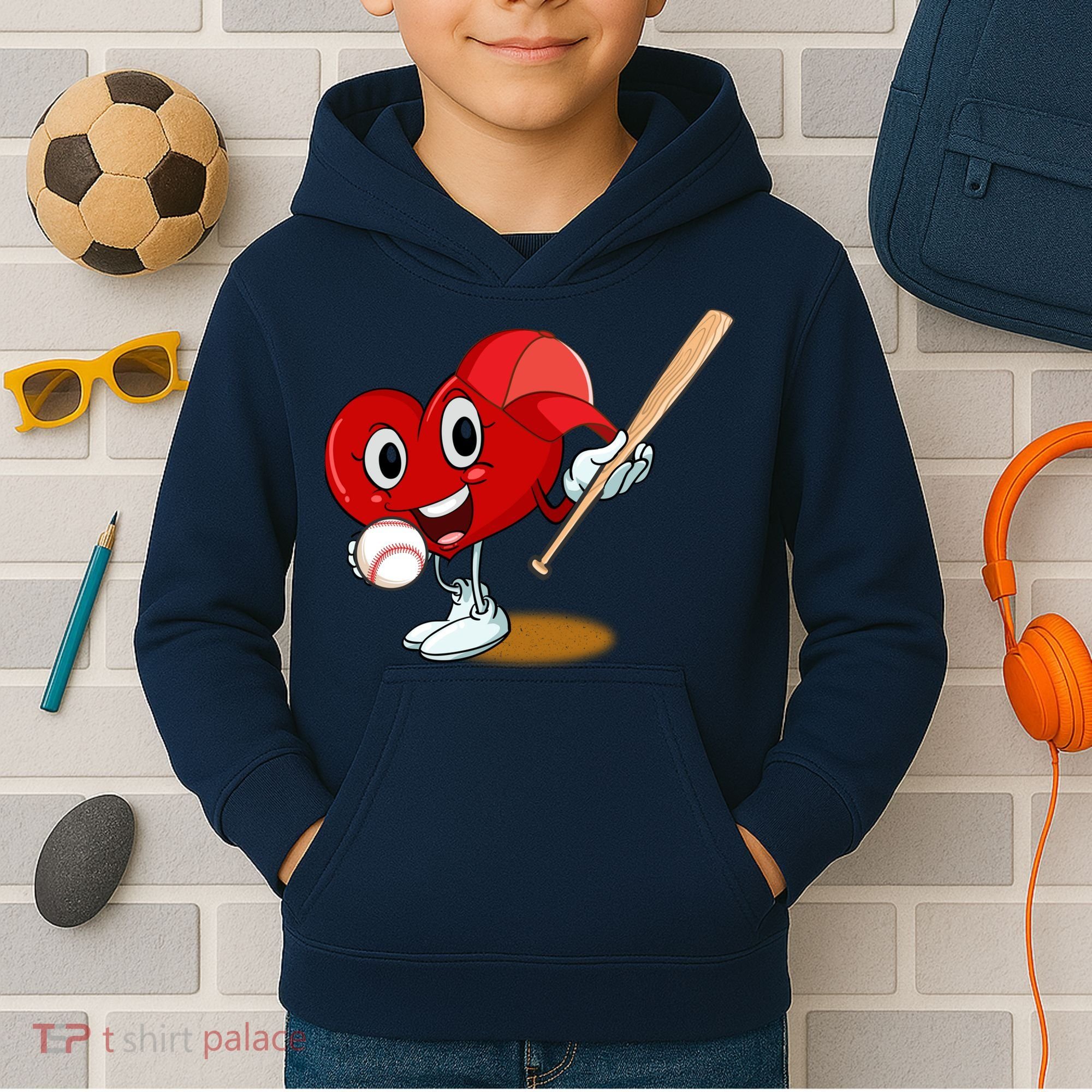 Heart Playing Baseball Valentines Day Sports Boy Kids Hoodie