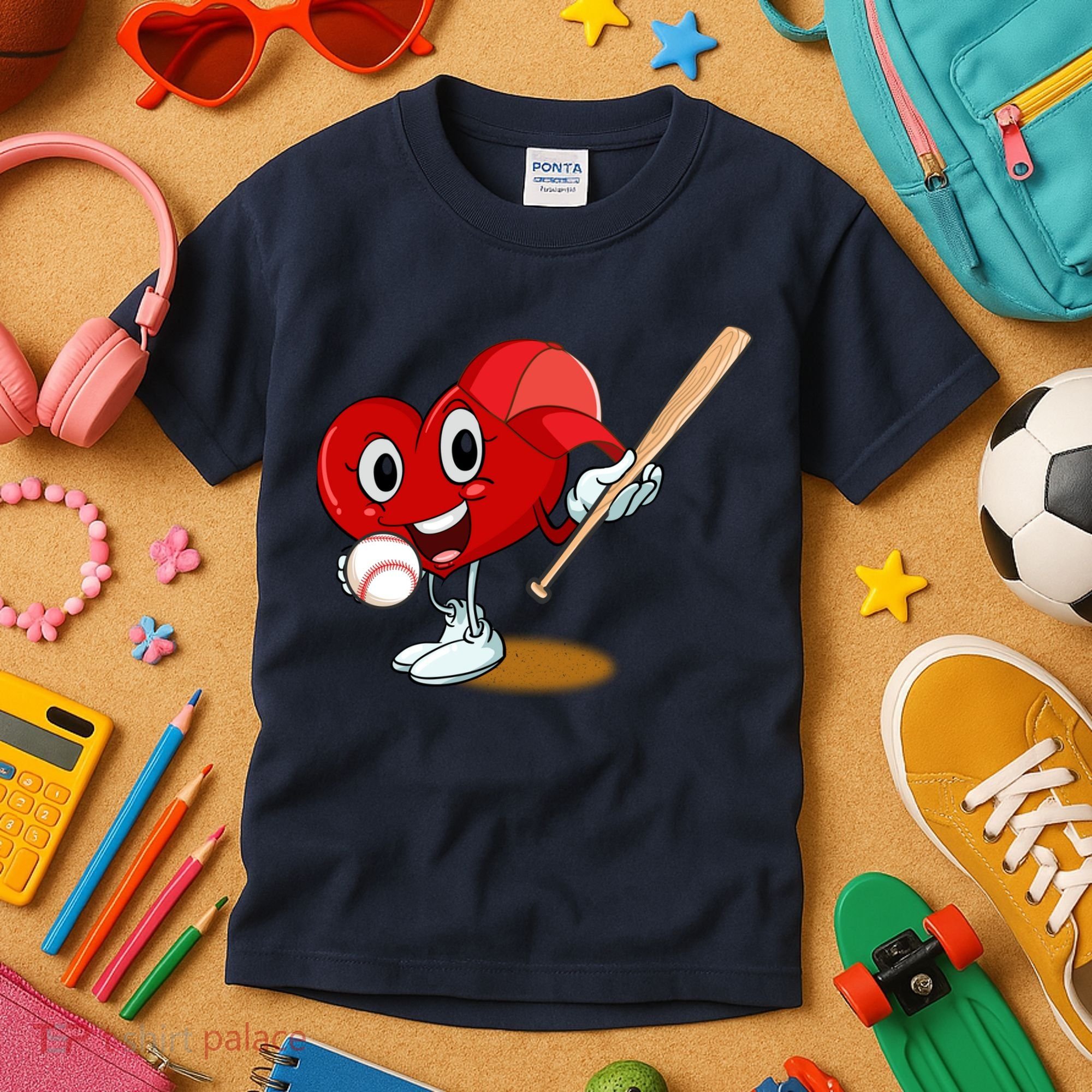 Heart Playing Baseball Valentines Day Sports Boy Kids T-Shirt