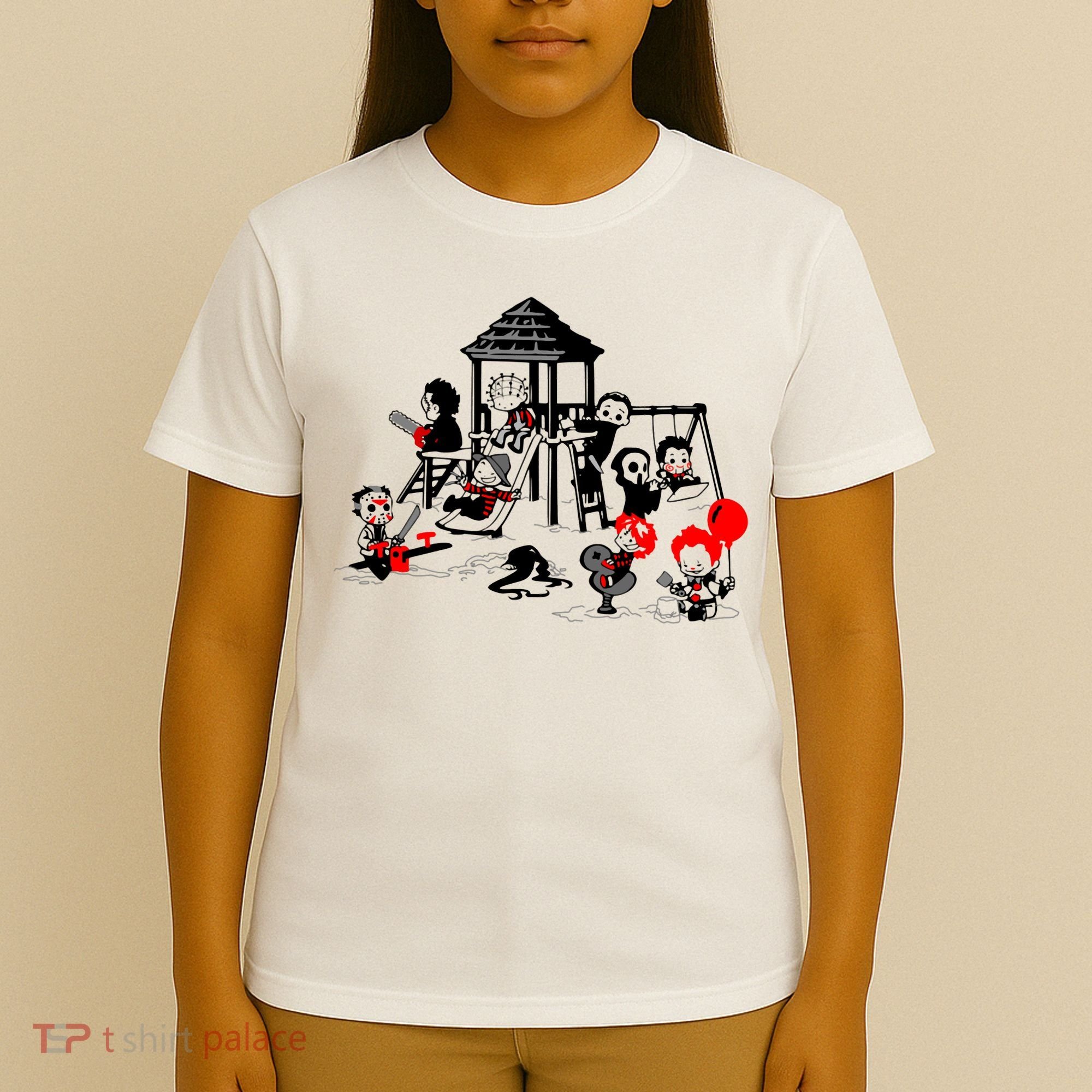 Horror Playground Children In Scary Movie Character Costumes T-Shirt