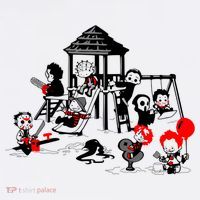 Horror Playground Children In Scary Movie Character Costumes T-Shirt thumb 7