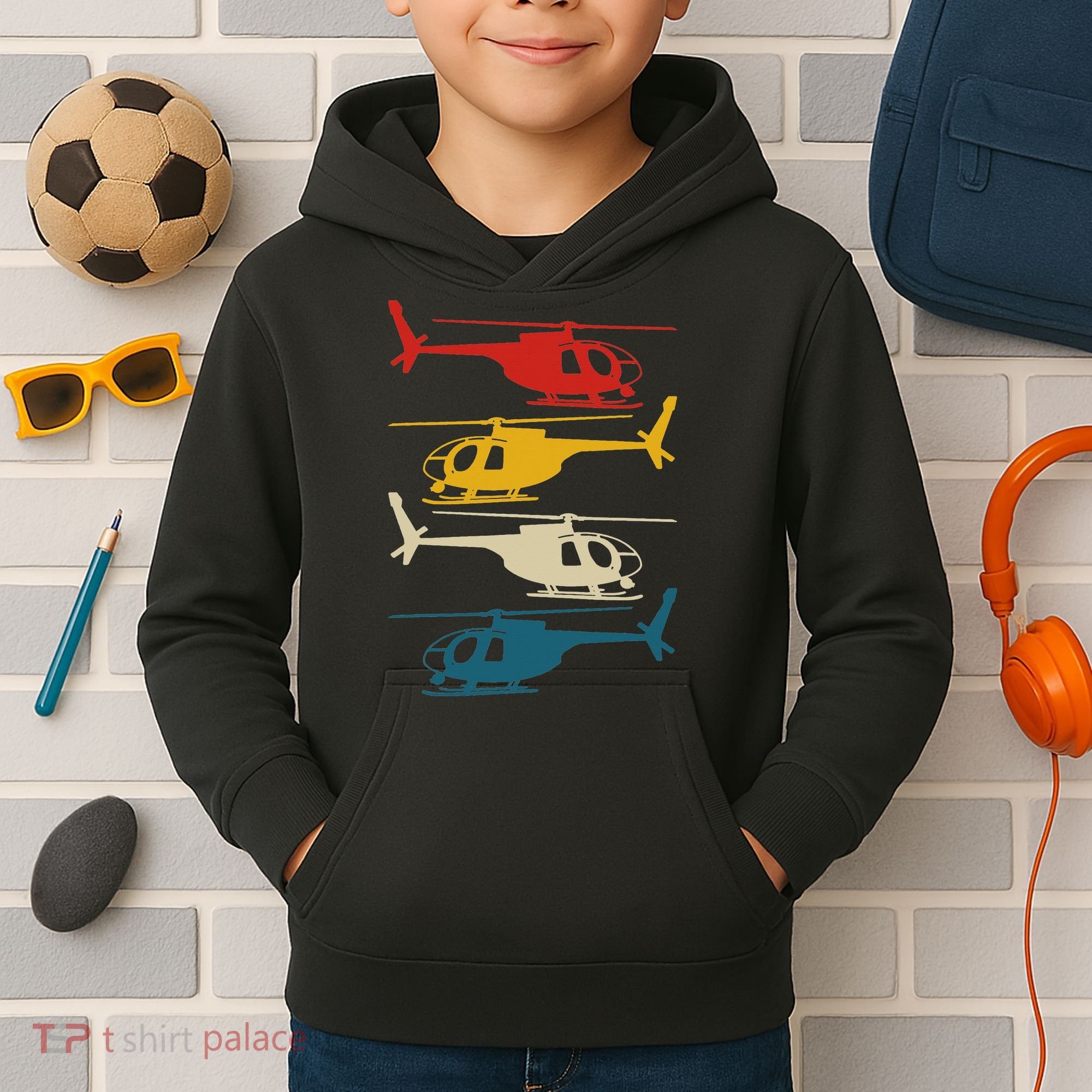 Helicopter Pilot Co. Retro Aviation, Black, Kids Hoodie