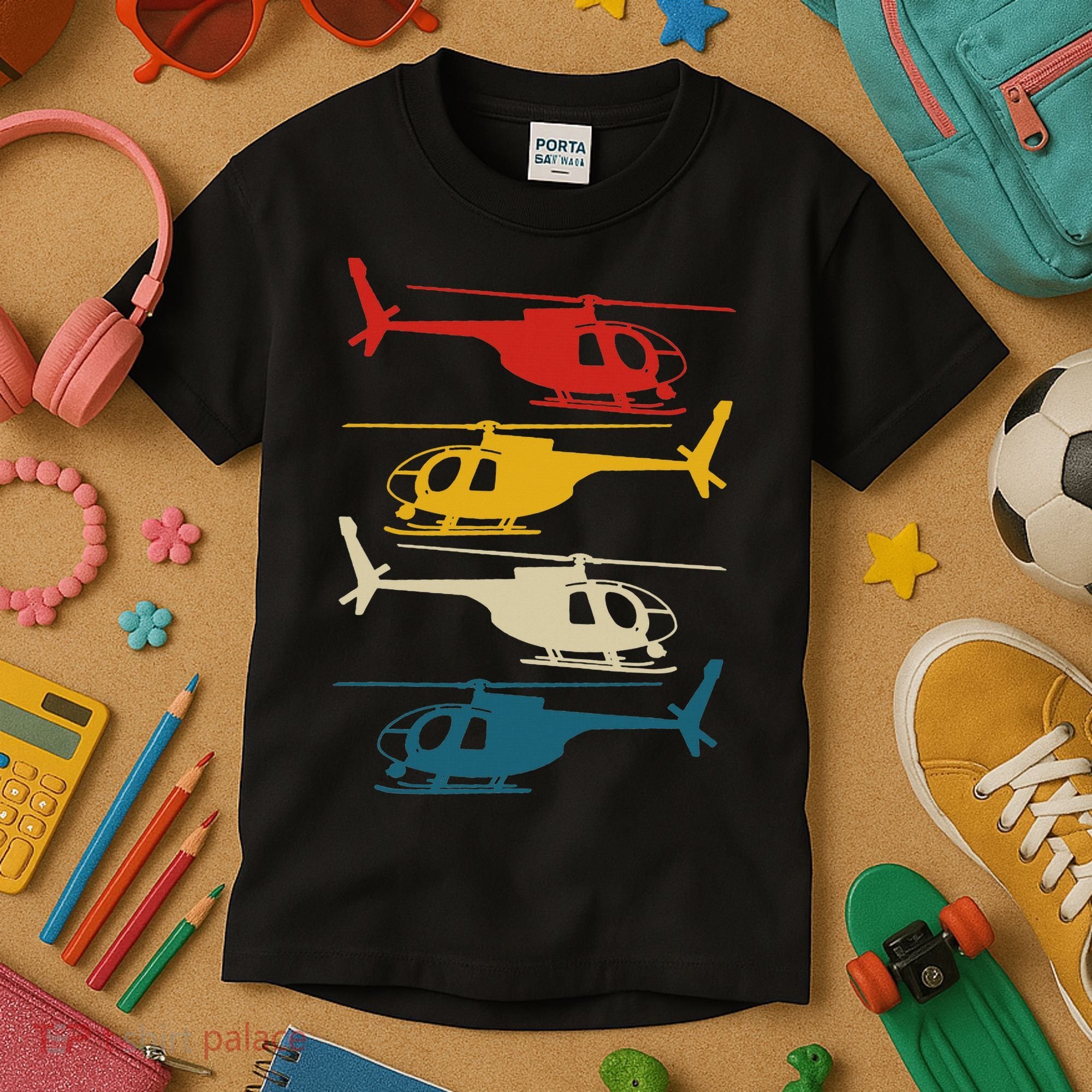 Helicopter Pilot Co. Retro Aviation, Black, Kids T-Shirt