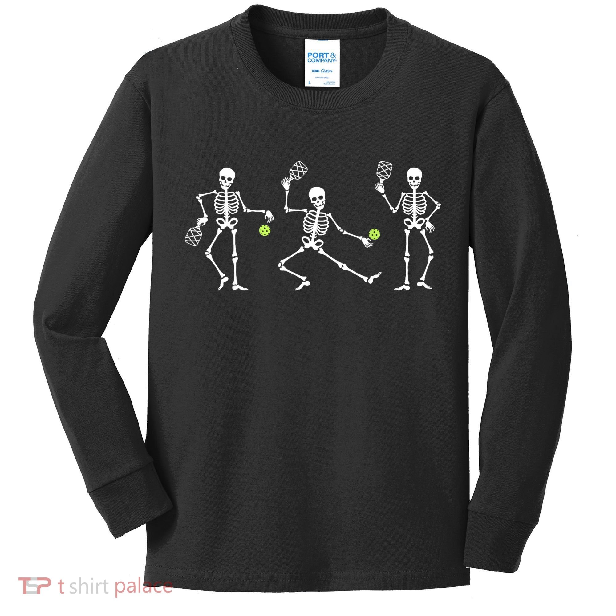 Halloween Pickleball Costume Skeletons Playing Pickleball Kids Long Sleeve Shirt