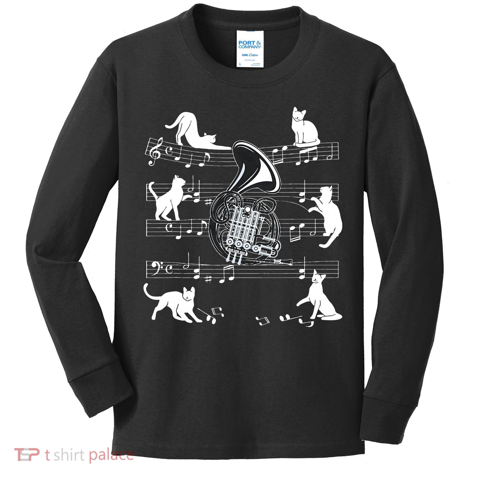 Horn Player Cats For Cat Loving French Horn Player Kids Long Sleeve Shirt