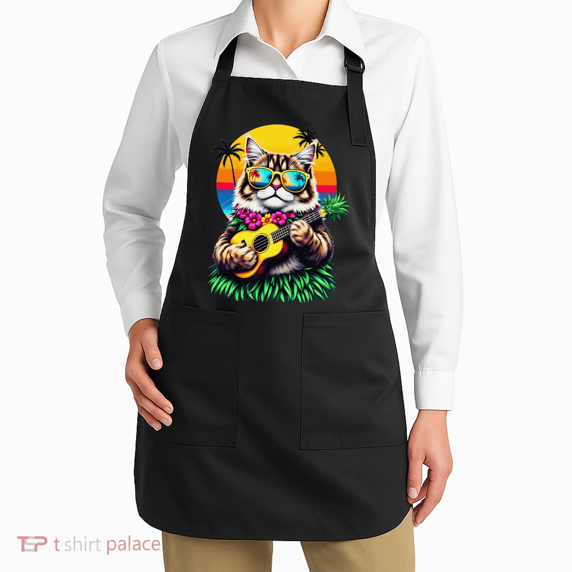 Hawaiian Persian Cat Pineapple Ukulele Summer Vacation Apron