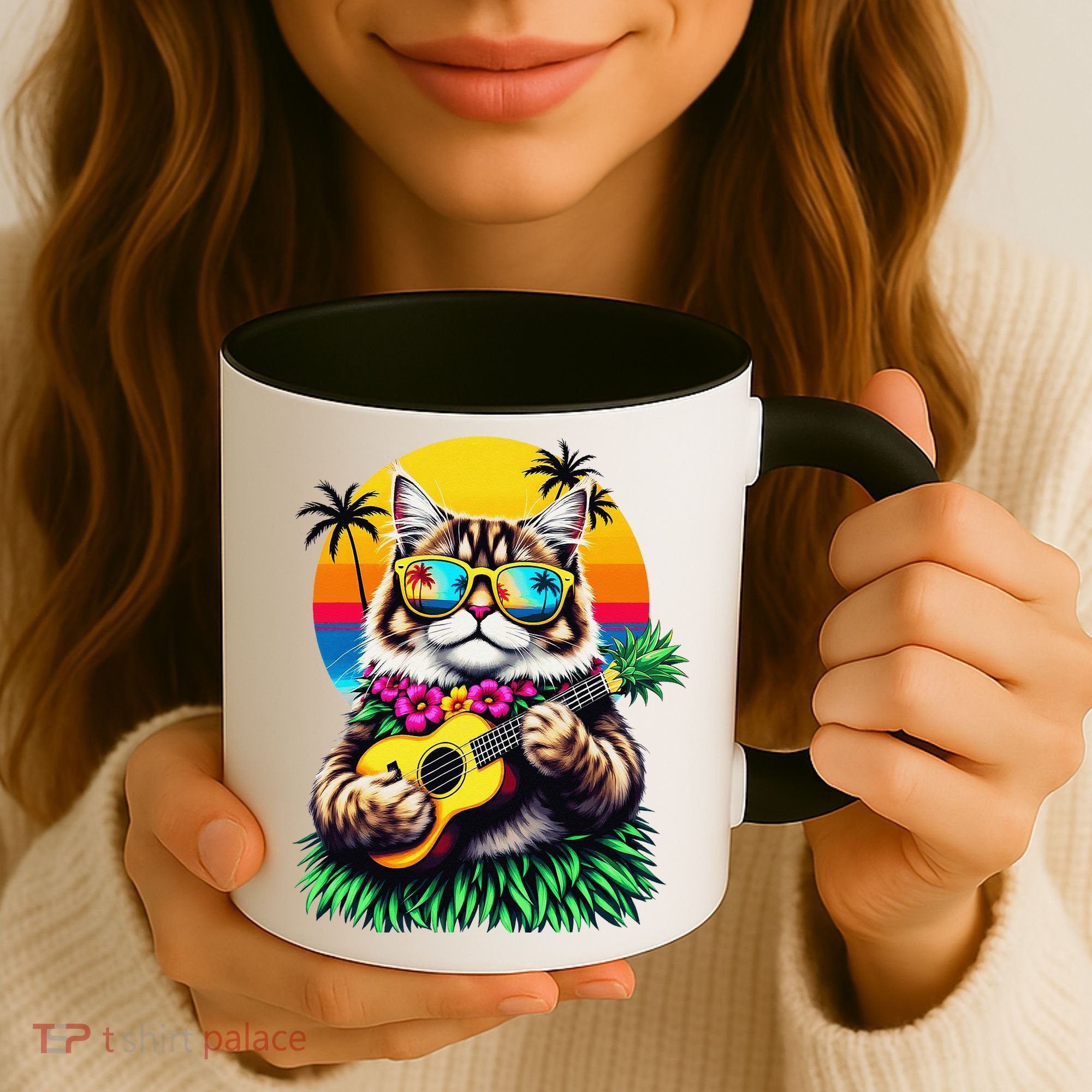 Hawaiian Persian Cat Pineapple Ukulele Summer Vacation Coffee Mug