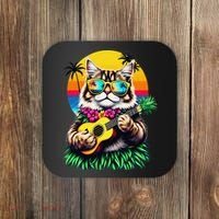 Hawaiian Persian Cat Pineapple Ukulele Summer Vacation Coaster thumb 0