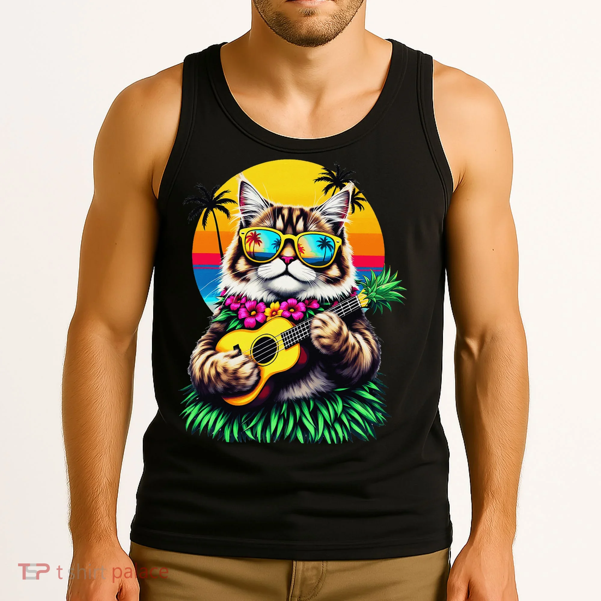 Hawaiian Persian Cat Pineapple Ukulele Summer Vacation Tank Top