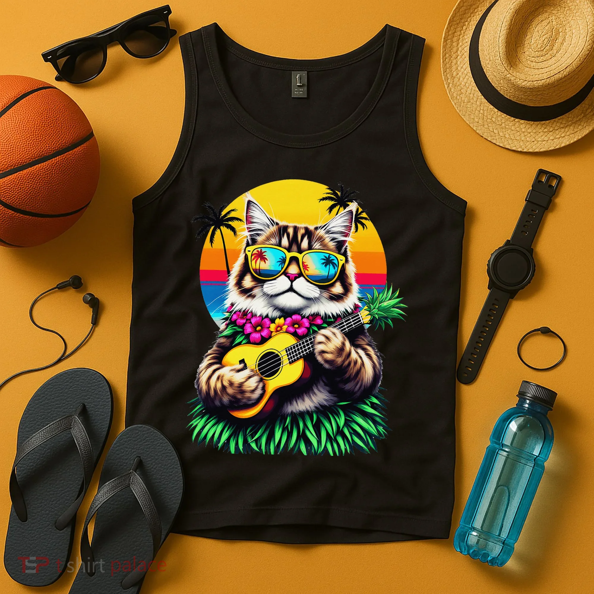 Hawaiian Persian Cat Pineapple Ukulele Summer Vacation Tank Top