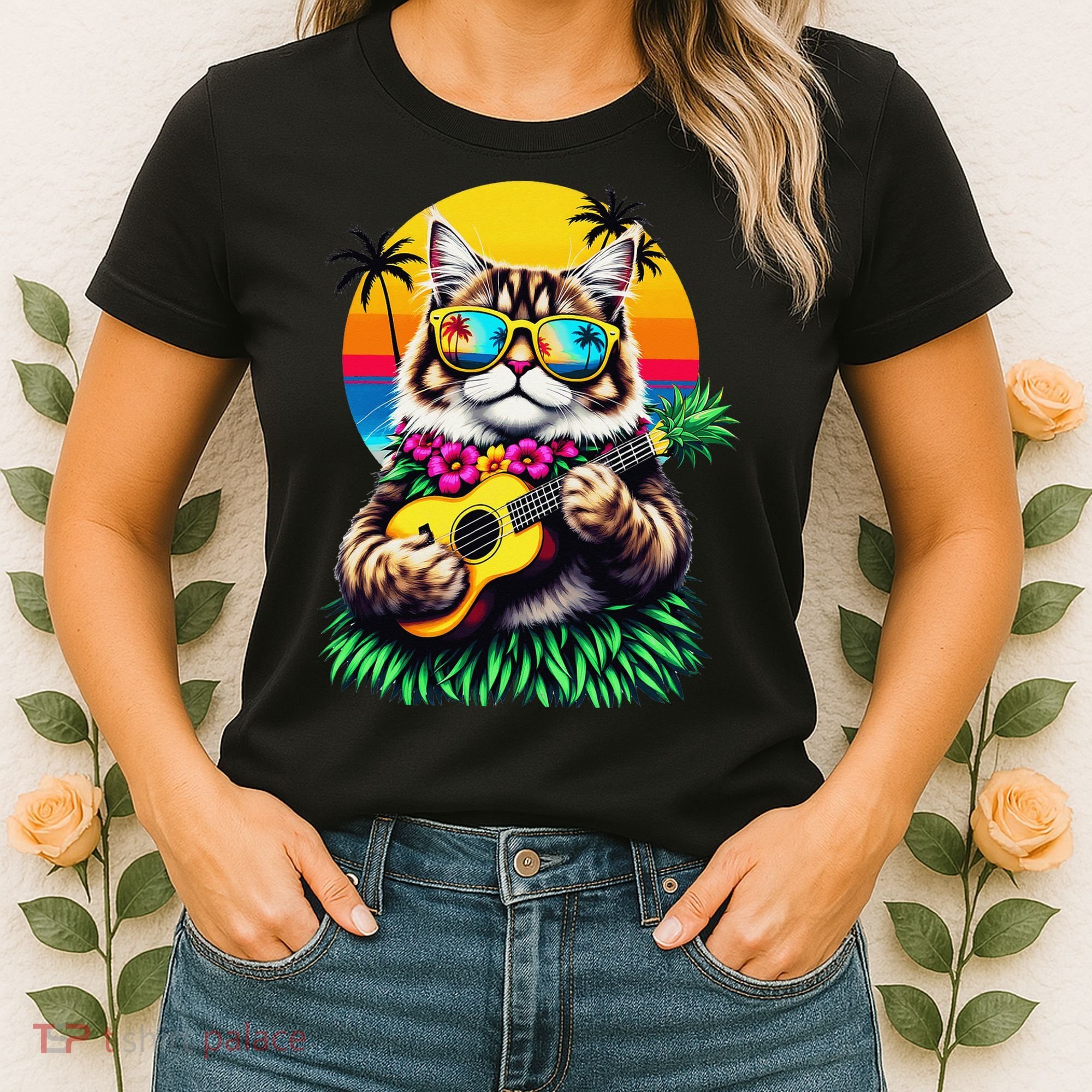 Hawaiian Persian Cat Pineapple Ukulele Summer Vacation Women's T-Shirt
