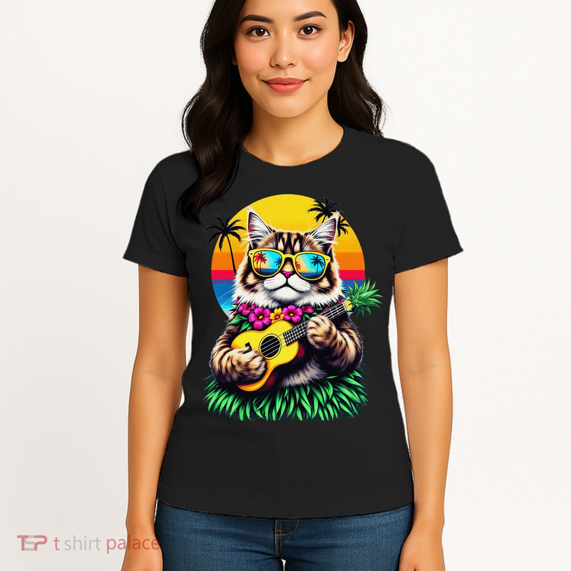 Hawaiian Persian Cat Pineapple Ukulele Summer Vacation Women's T-Shirt