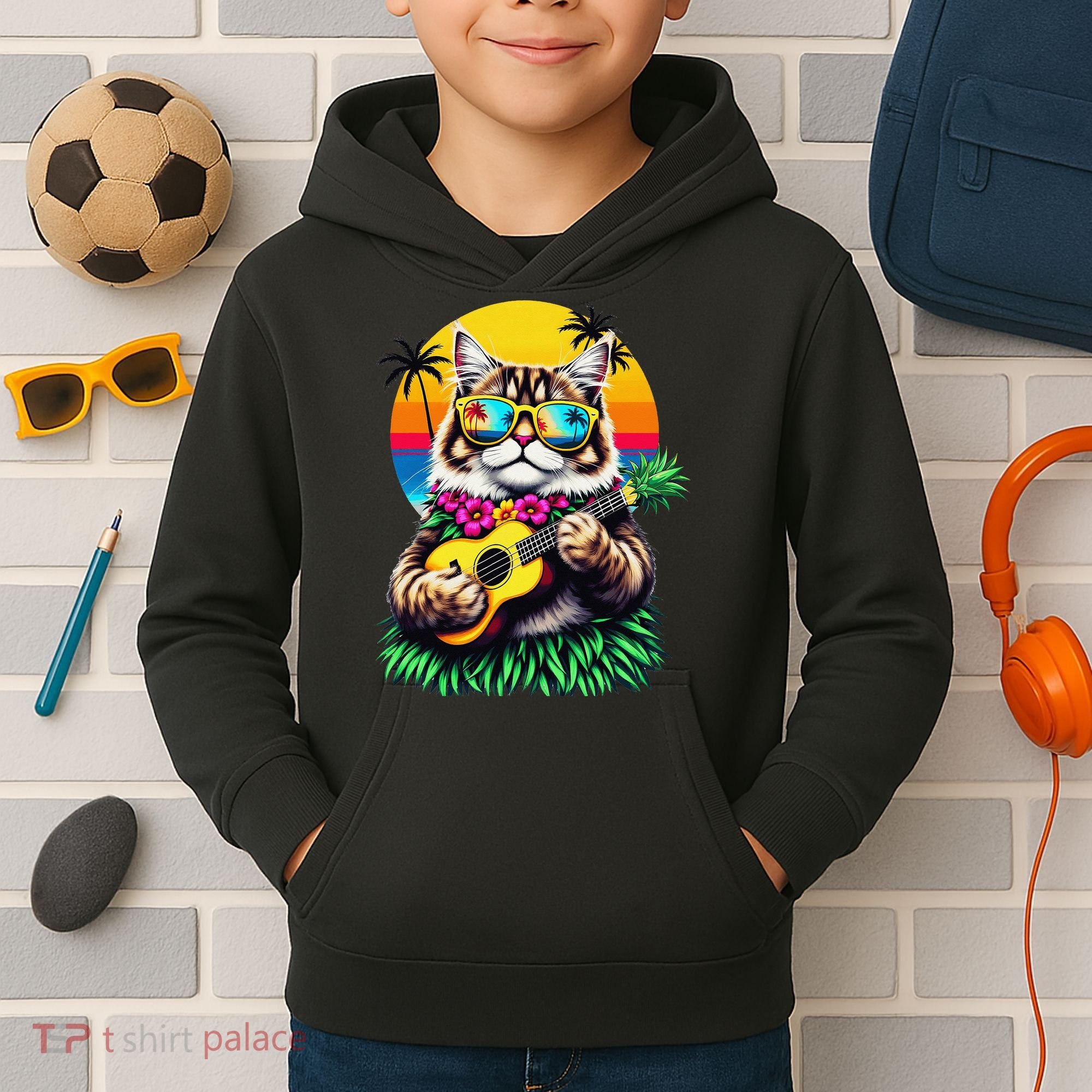 Hawaiian Persian Cat Pineapple Ukulele Summer Vacation Kids Hoodie