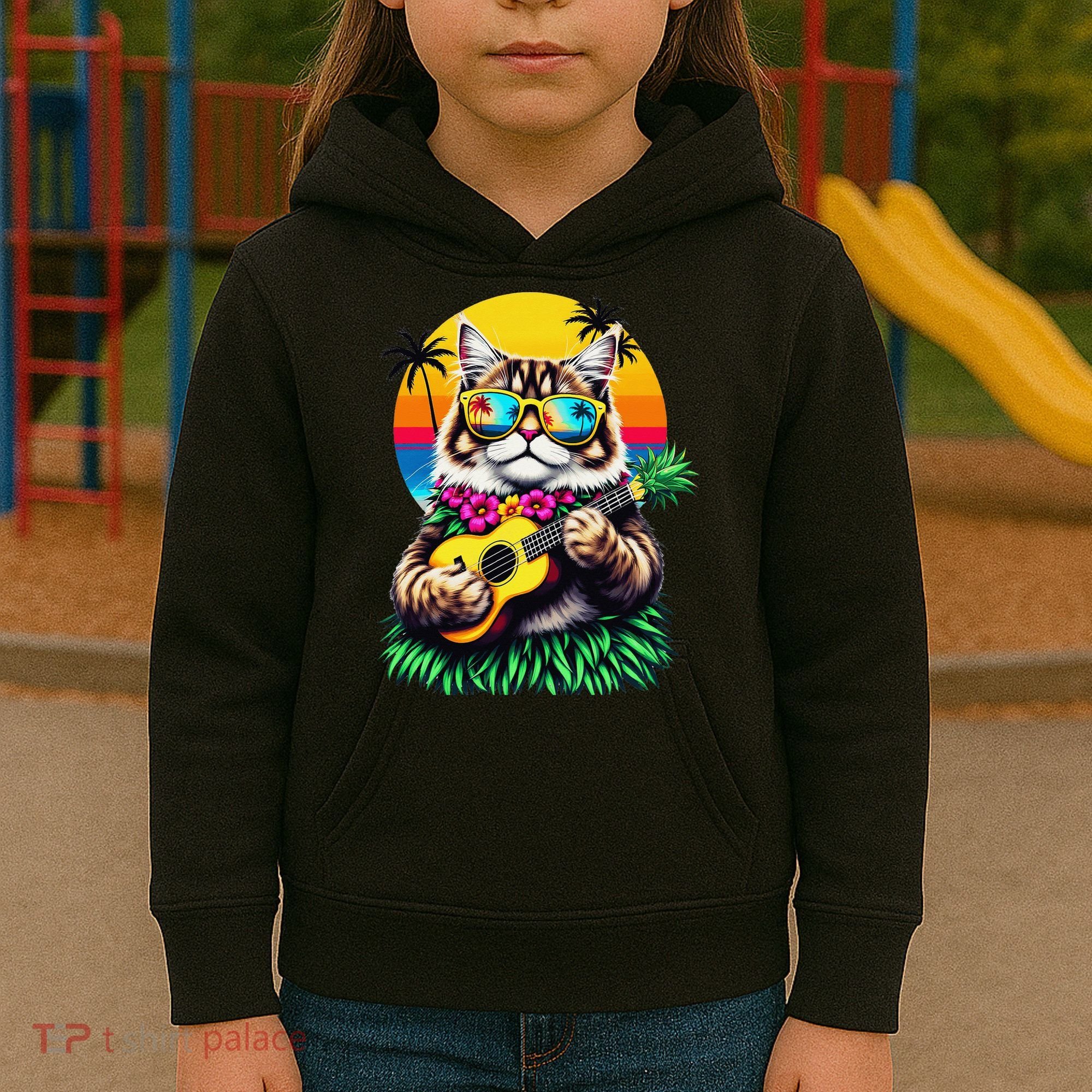 Hawaiian Persian Cat Pineapple Ukulele Summer Vacation Kids Hoodie