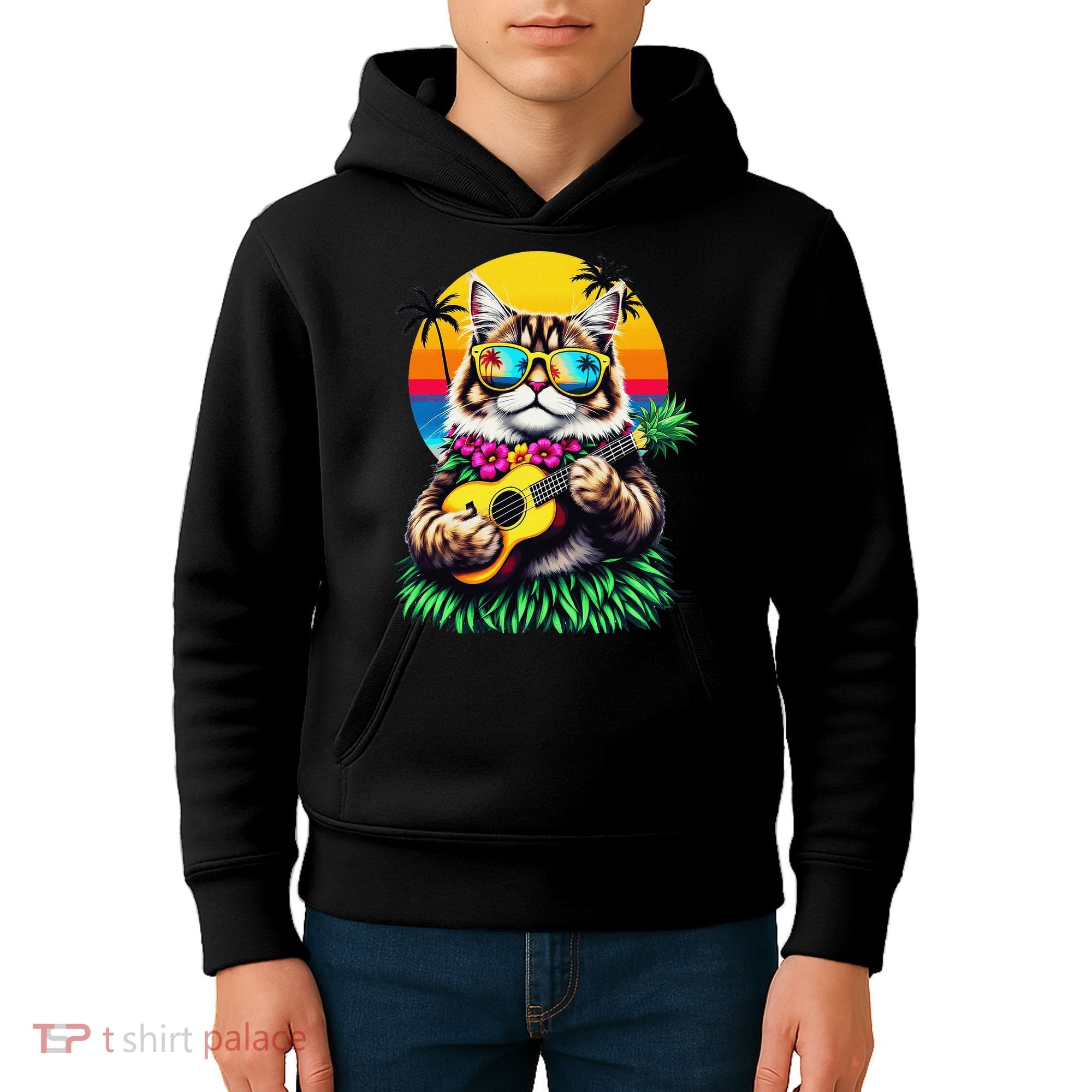 Hawaiian Persian Cat Pineapple Ukulele Summer Vacation Kids Hoodie