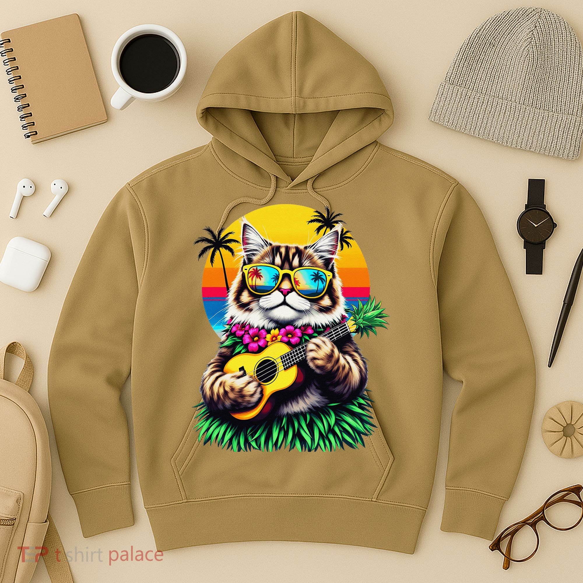 Hawaiian Persian Cat Pineapple Ukulele Summer Vacation Hoodie
