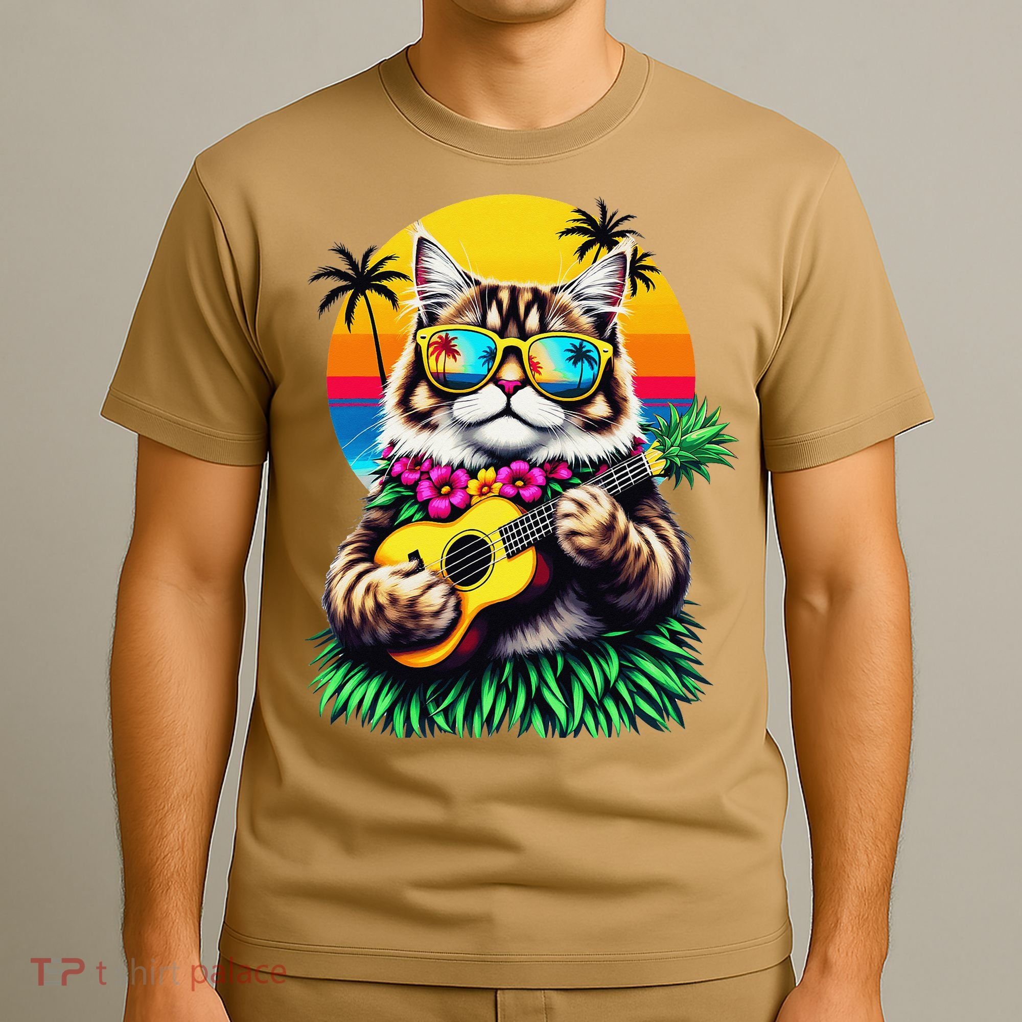 Hawaiian Persian Cat Pineapple Ukulele Summer Vacation T-Shirt