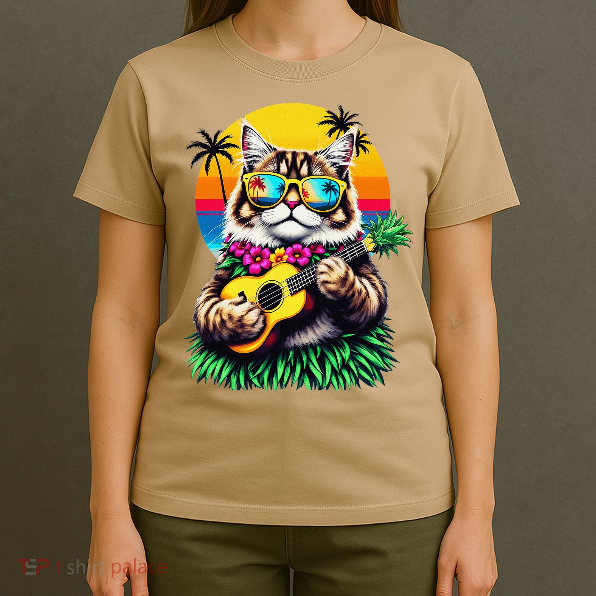 Hawaiian Persian Cat Pineapple Ukulele Summer Vacation T-Shirt