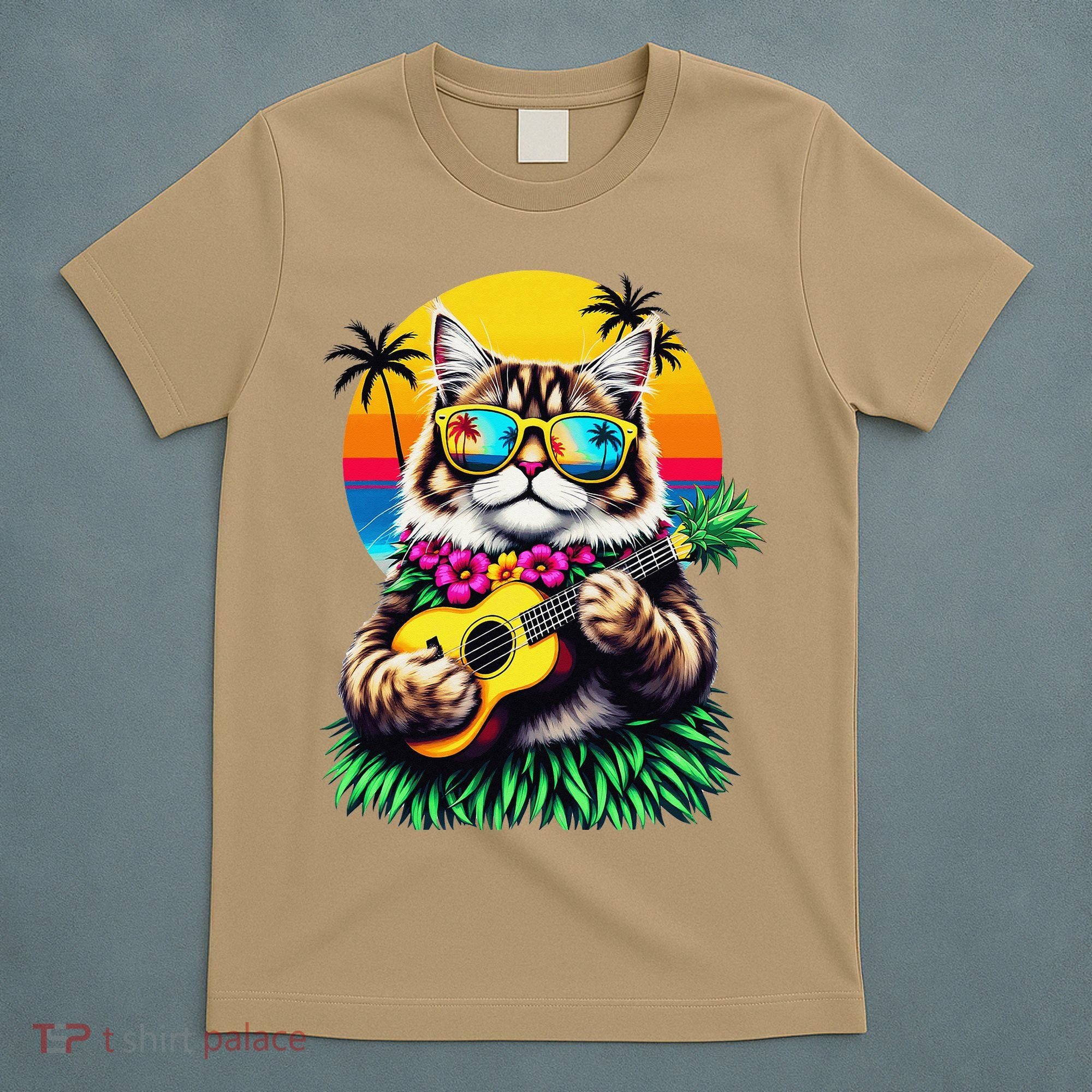 Hawaiian Persian Cat Pineapple Ukulele Summer Vacation T-Shirt