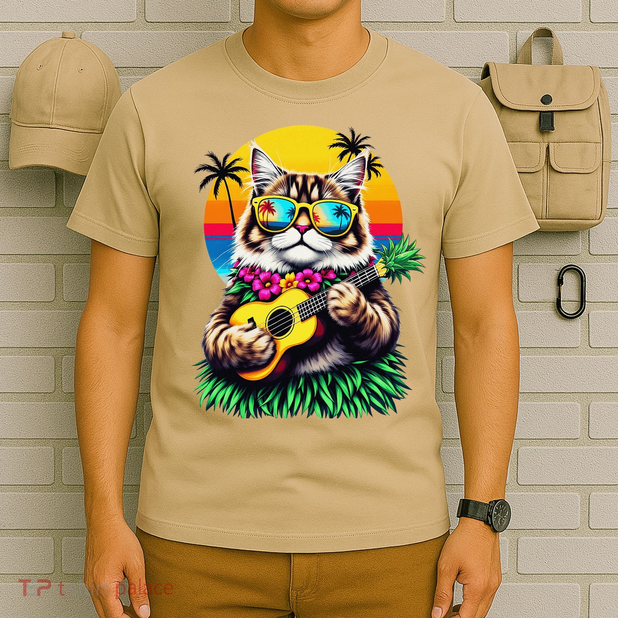 Hawaiian Persian Cat Pineapple Ukulele Summer Vacation T-Shirt