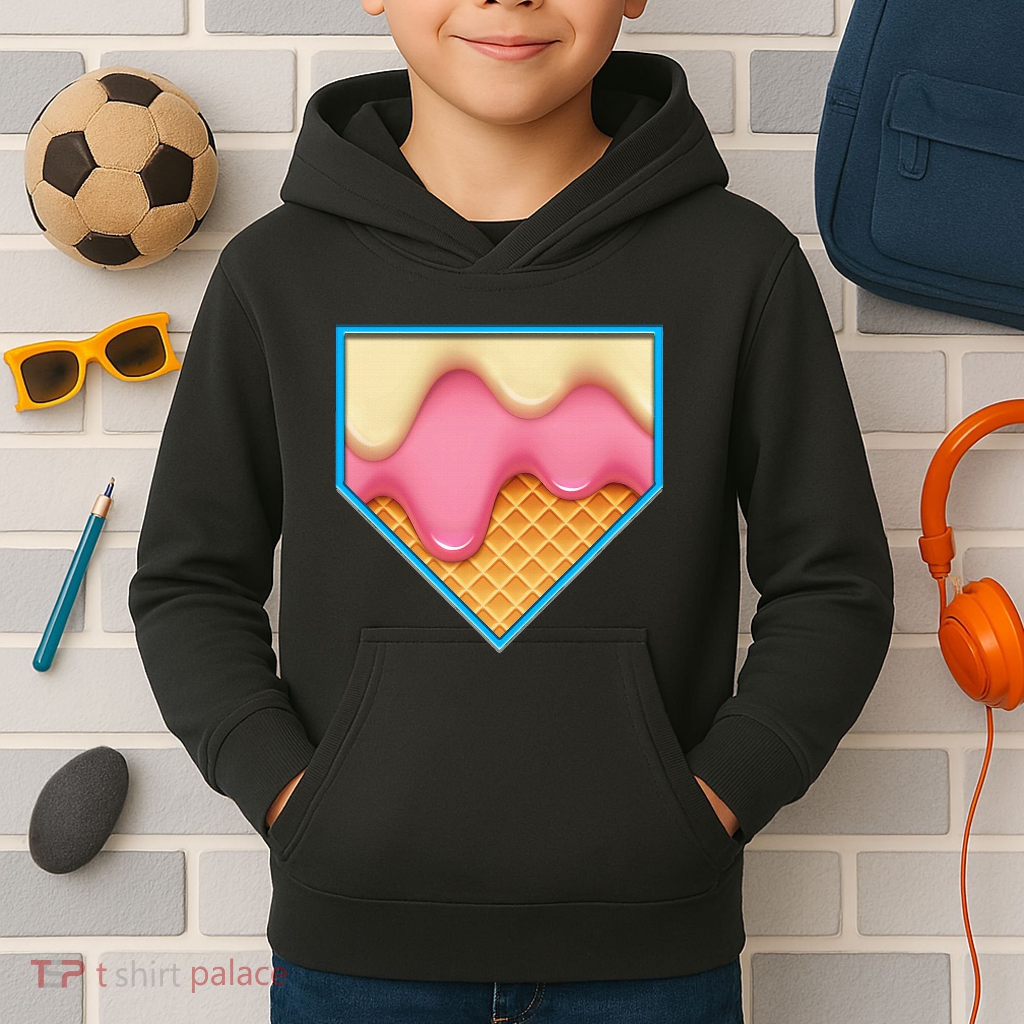 Home Plate Drip Ice Cream Dripping Softball & Baseball Kids Hoodie