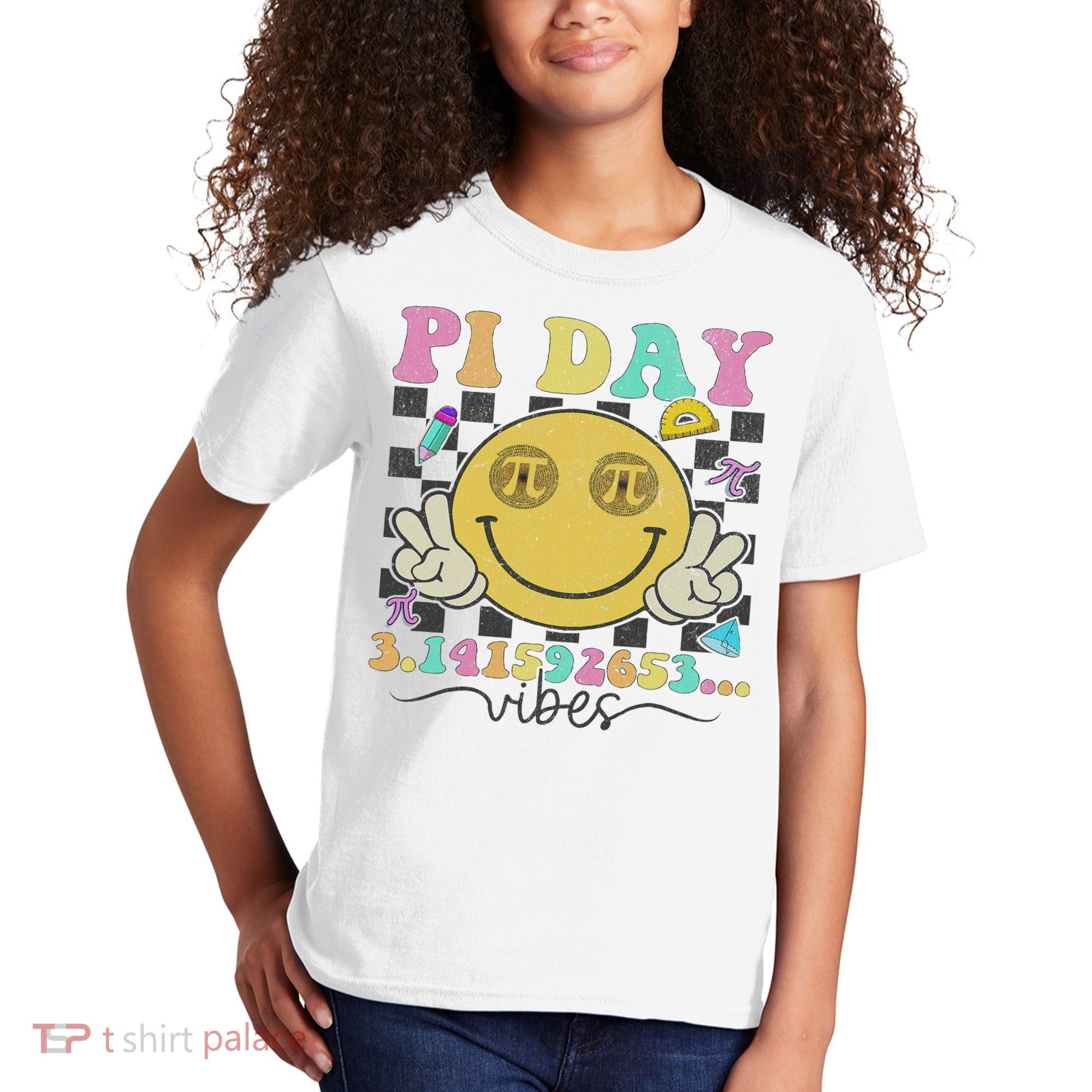 Happy Pi Day 3. 14 Vibes Cute Smile Face Pi Day Kids T-Shirt