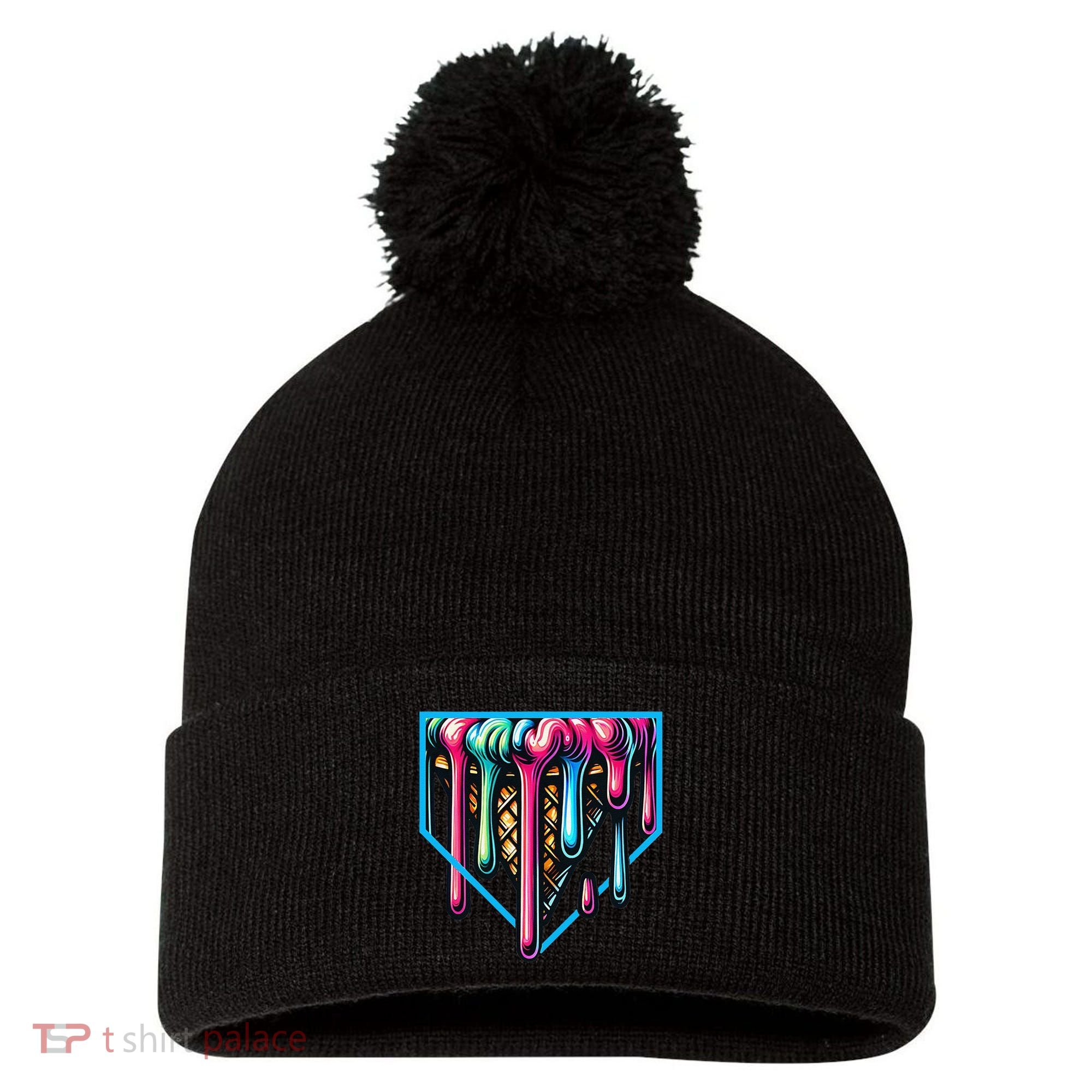 Home Plate Drip Ice Cream Softball & Baseball Pom Pom 12in Knit Beanie