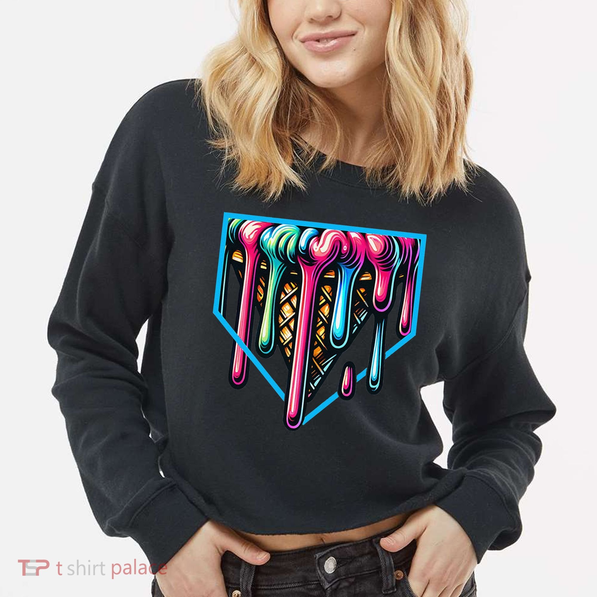 Home Plate Drip Ice Cream Softball & Baseball Cropped Pullover Crew
