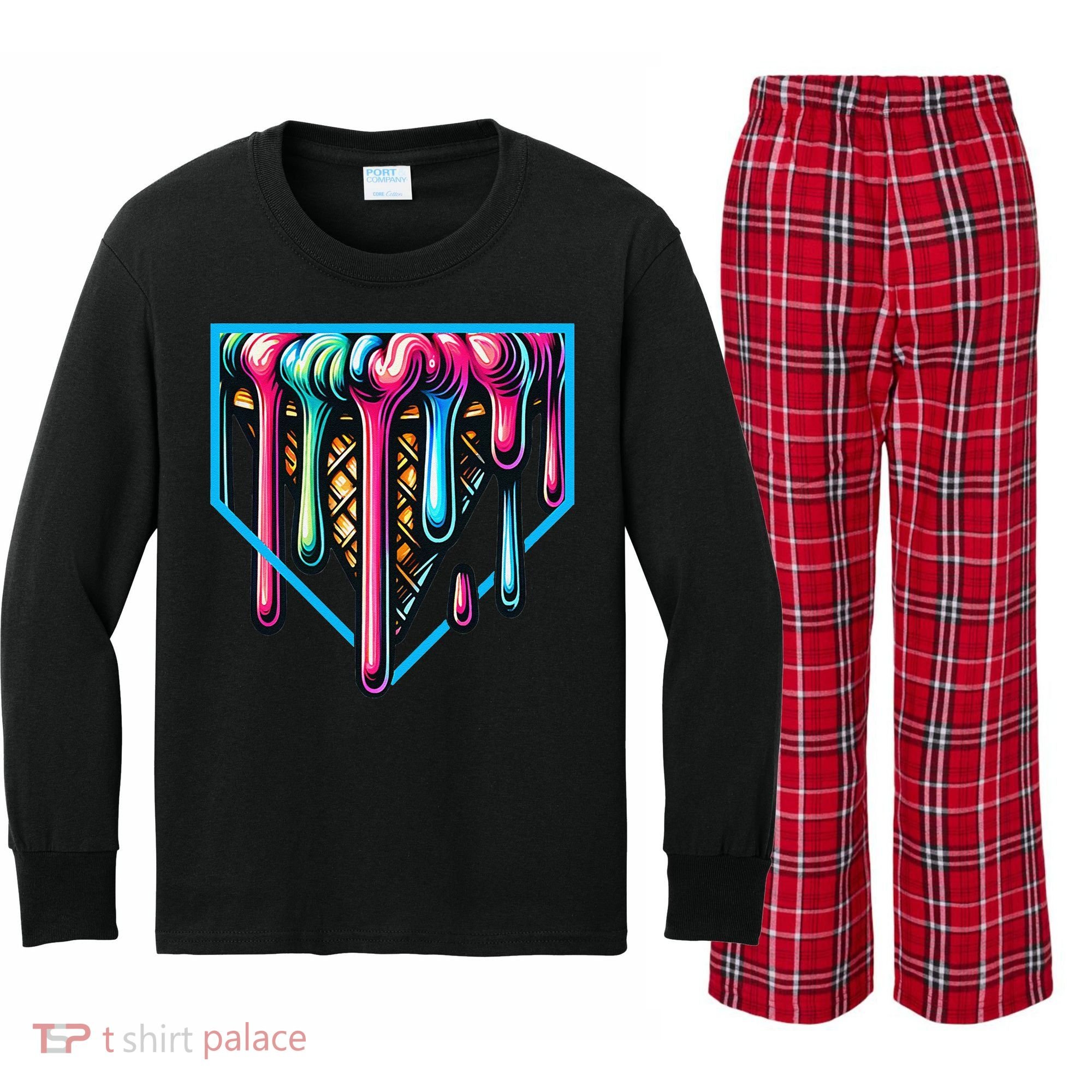 Home Plate Drip Ice Cream Softball & Baseball Kids Long Sleeve Plaid Pajama Set