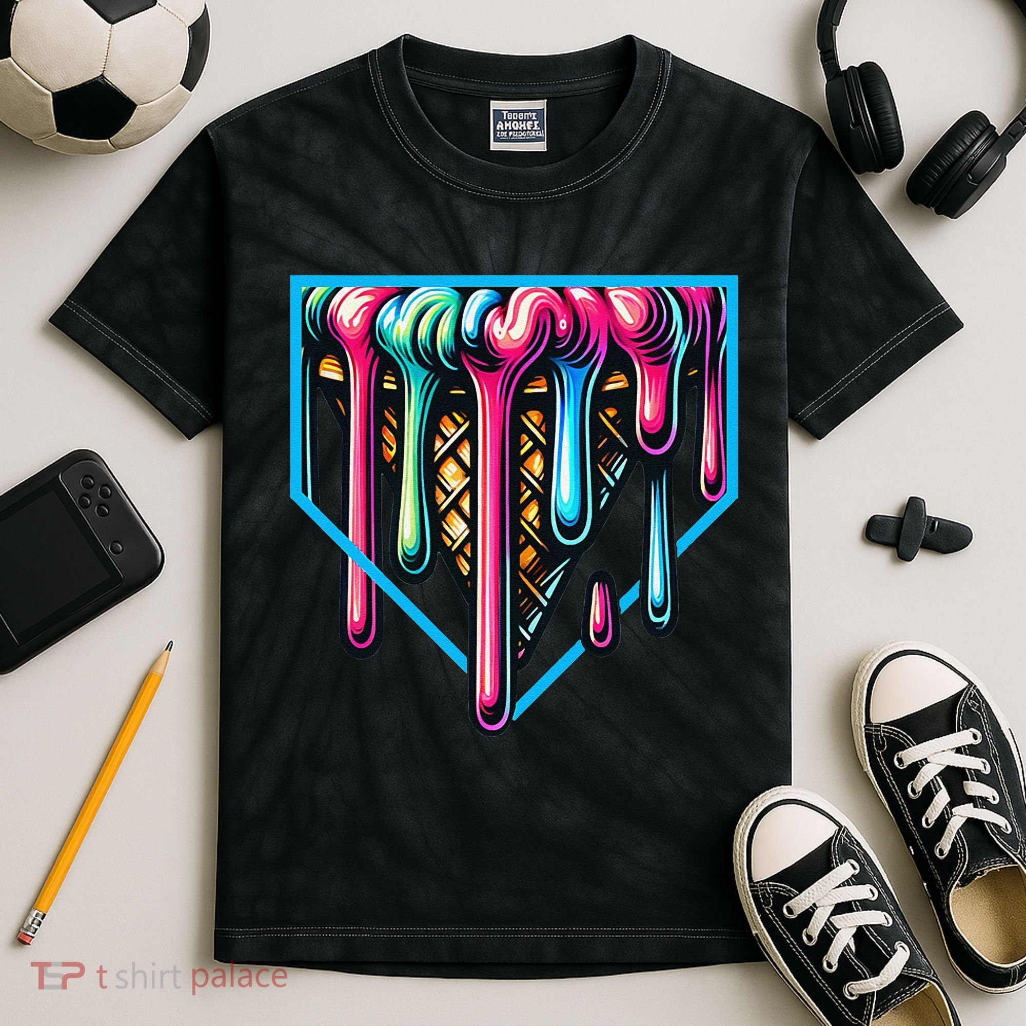 Home Plate Drip Ice Cream Softball & Baseball Kids Tie-Dye T-Shirt