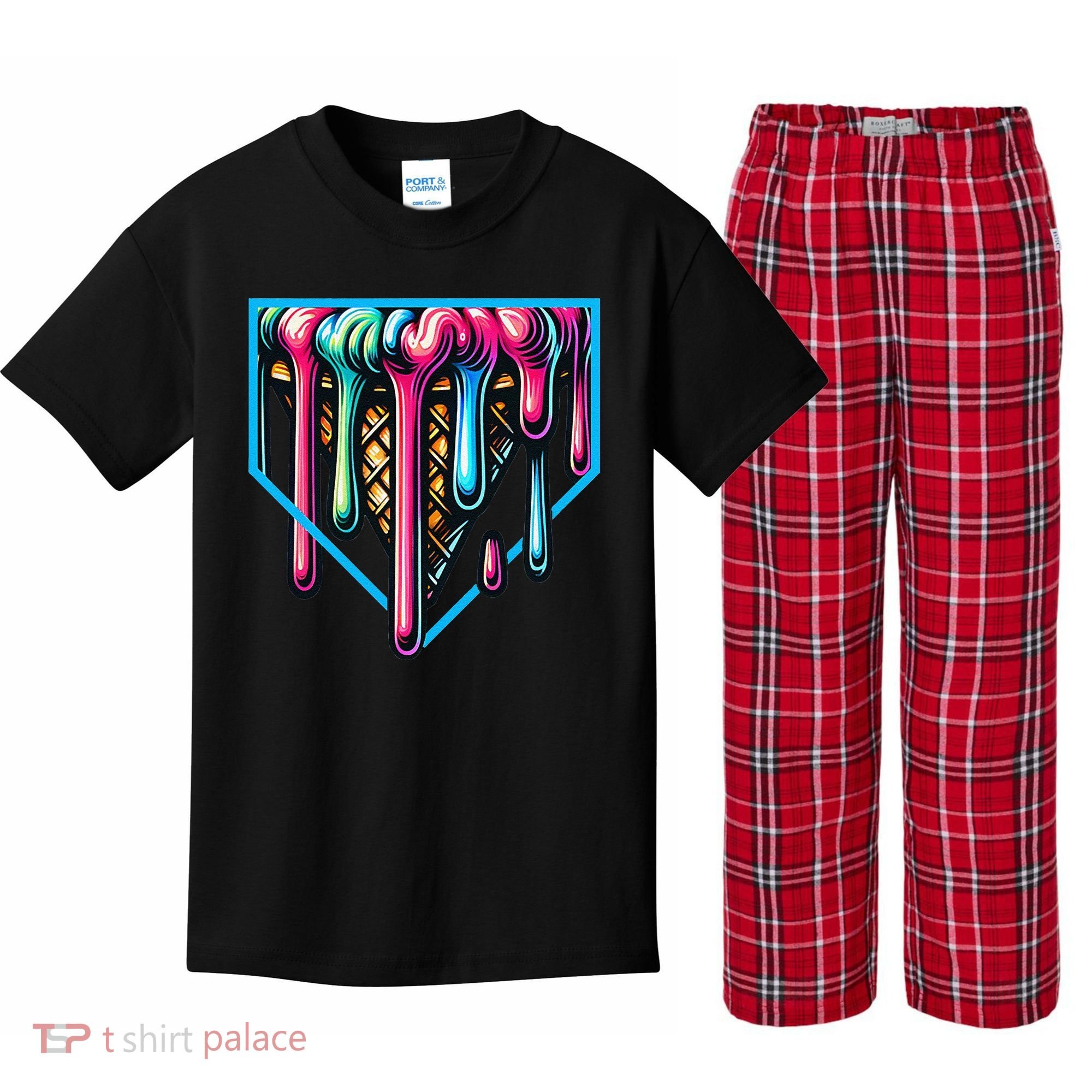 Home Plate Drip Ice Cream Softball & Baseball Kids Plaid Pajama Set