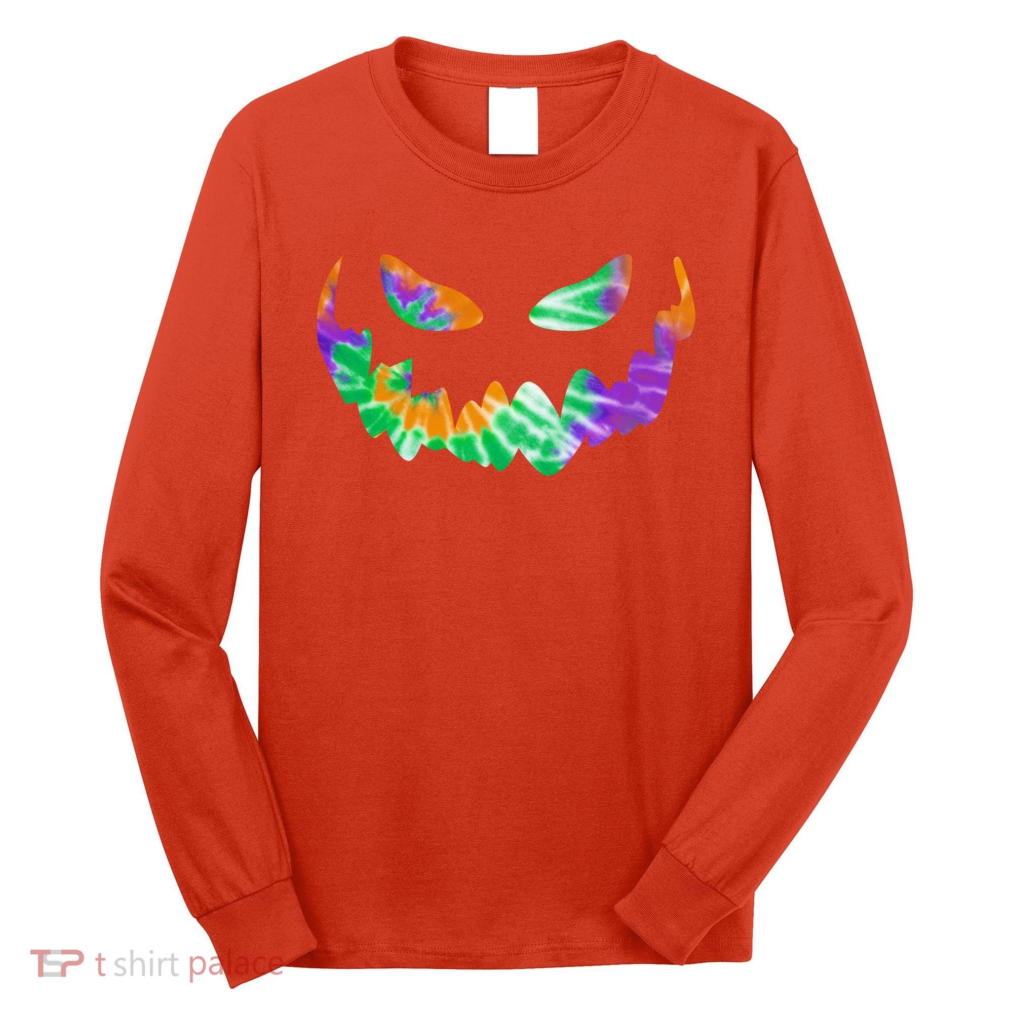 Halloween Pumpkin Green Orange Purple Tie Dye Face Long Sleeve Shirt