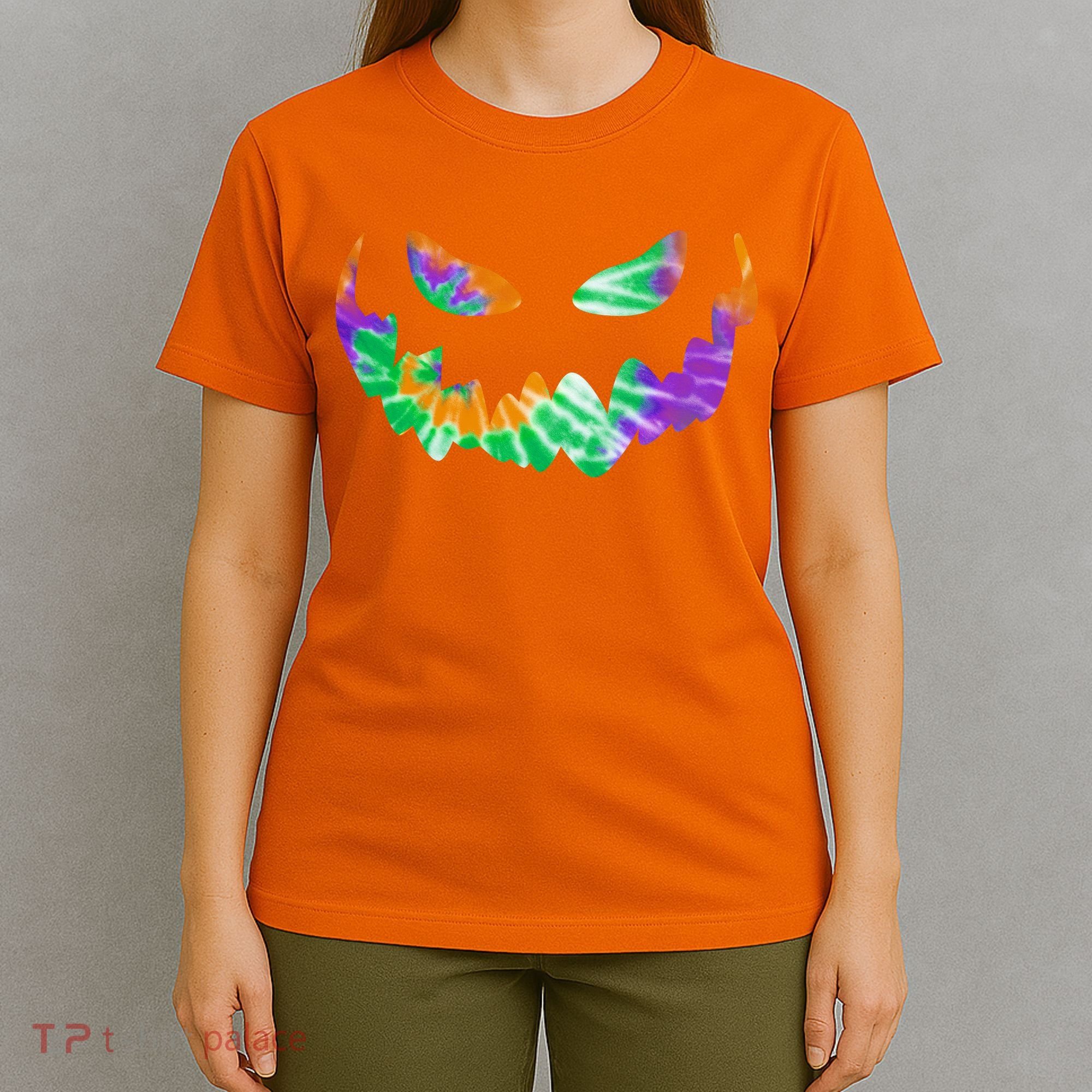 Halloween Pumpkin Green Orange Purple Tie Dye Face T-Shirt