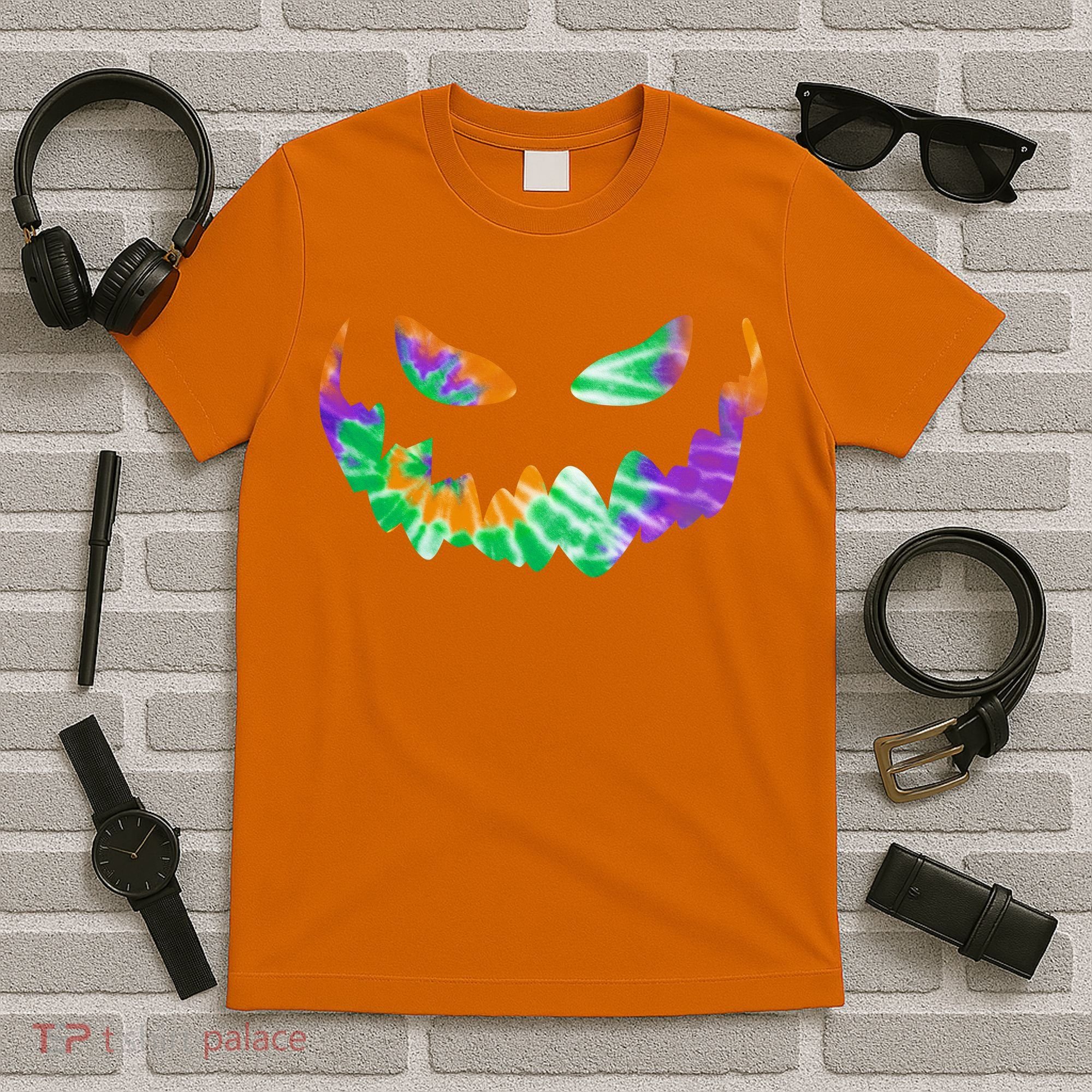 Halloween Pumpkin Green Orange Purple Tie Dye Face T-Shirt