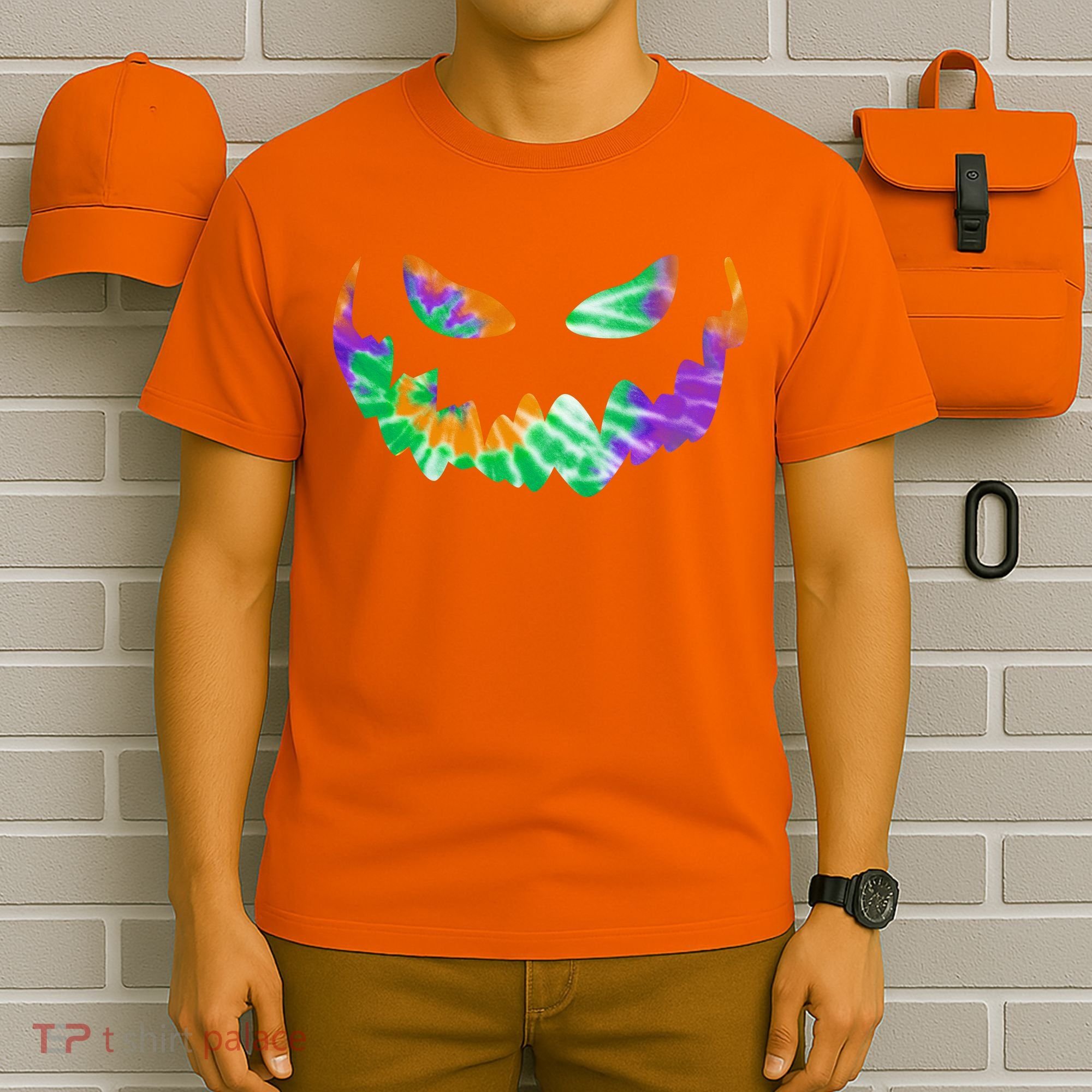 Halloween Pumpkin Green Orange Purple Tie Dye Face T-Shirt