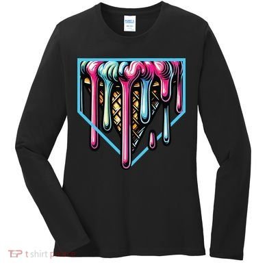Home Plate Ice Cream Softball Baseball Melting Drip Women's Long Sleeve Shirt