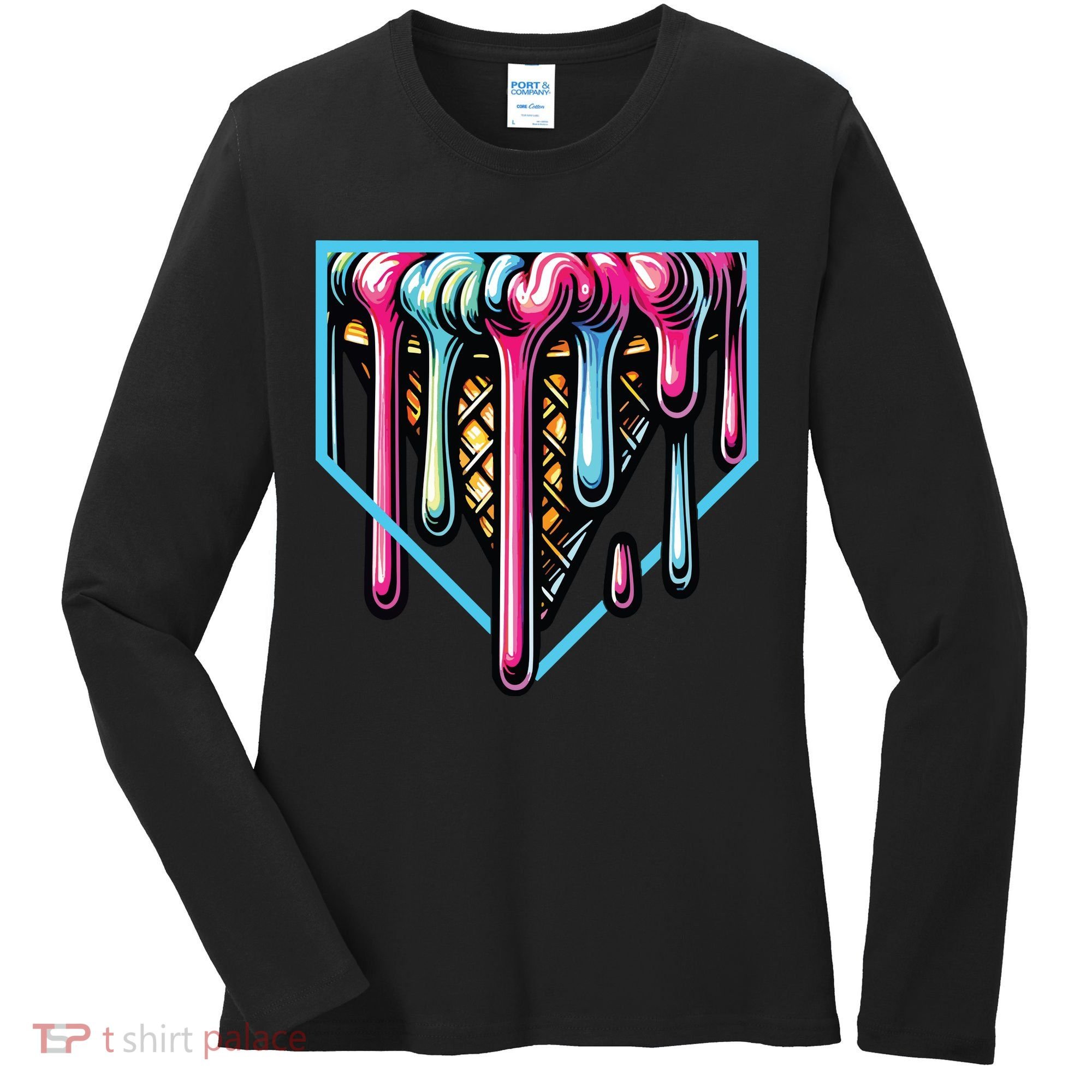 Home Plate Ice Cream Softball Baseball Melting Drip Women's Long Sleeve Shirt