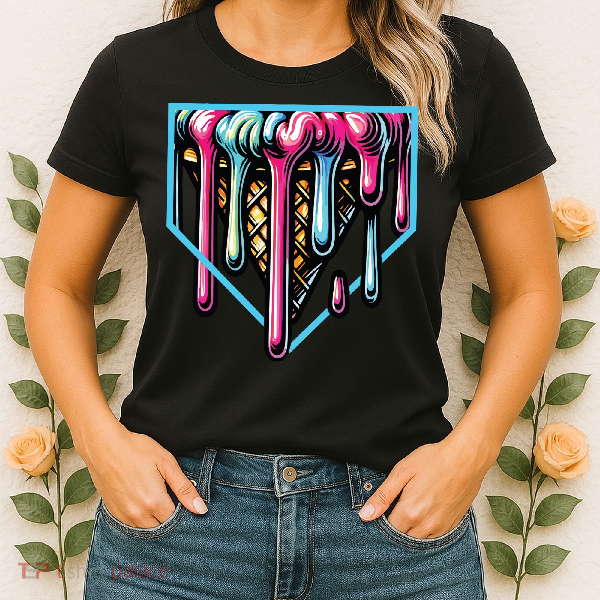 Home Plate Ice Cream Softball Baseball Melting Drip Women's T-Shirt
