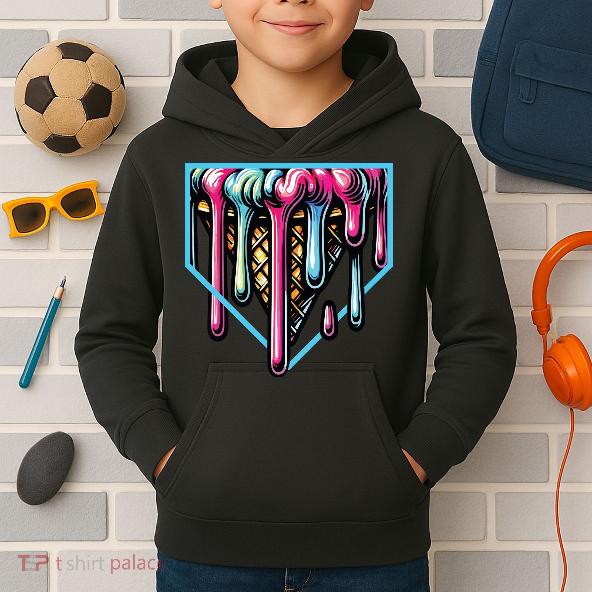 Home Plate Ice Cream Softball Baseball Melting Drip Kids Hoodie