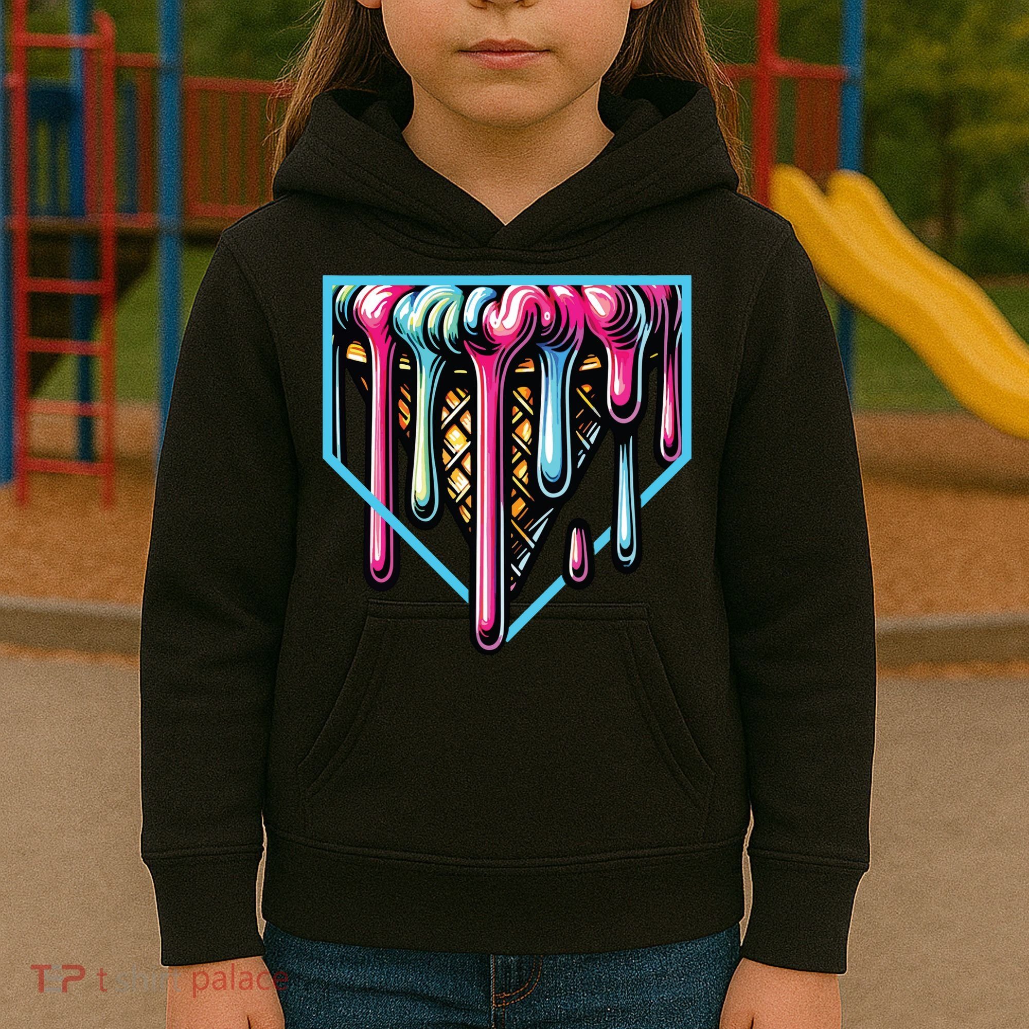 Home Plate Ice Cream Softball Baseball Melting Drip Kids Hoodie