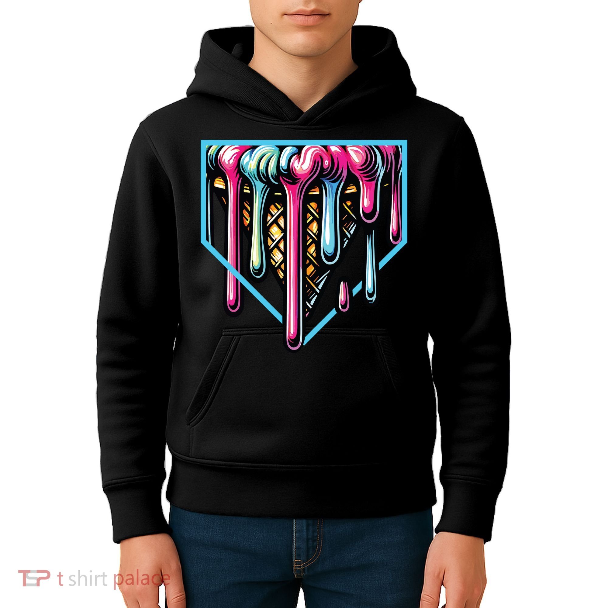 Home Plate Ice Cream Softball Baseball Melting Drip Kids Hoodie