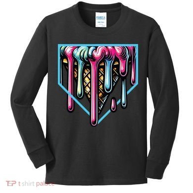 Home Plate Ice Cream Softball Baseball Melting Drip Kids Long Sleeve Shirt