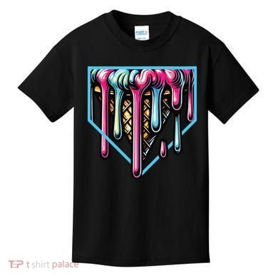 Home Plate Ice Cream Softball Baseball Melting Drip Kids T-Shirt
