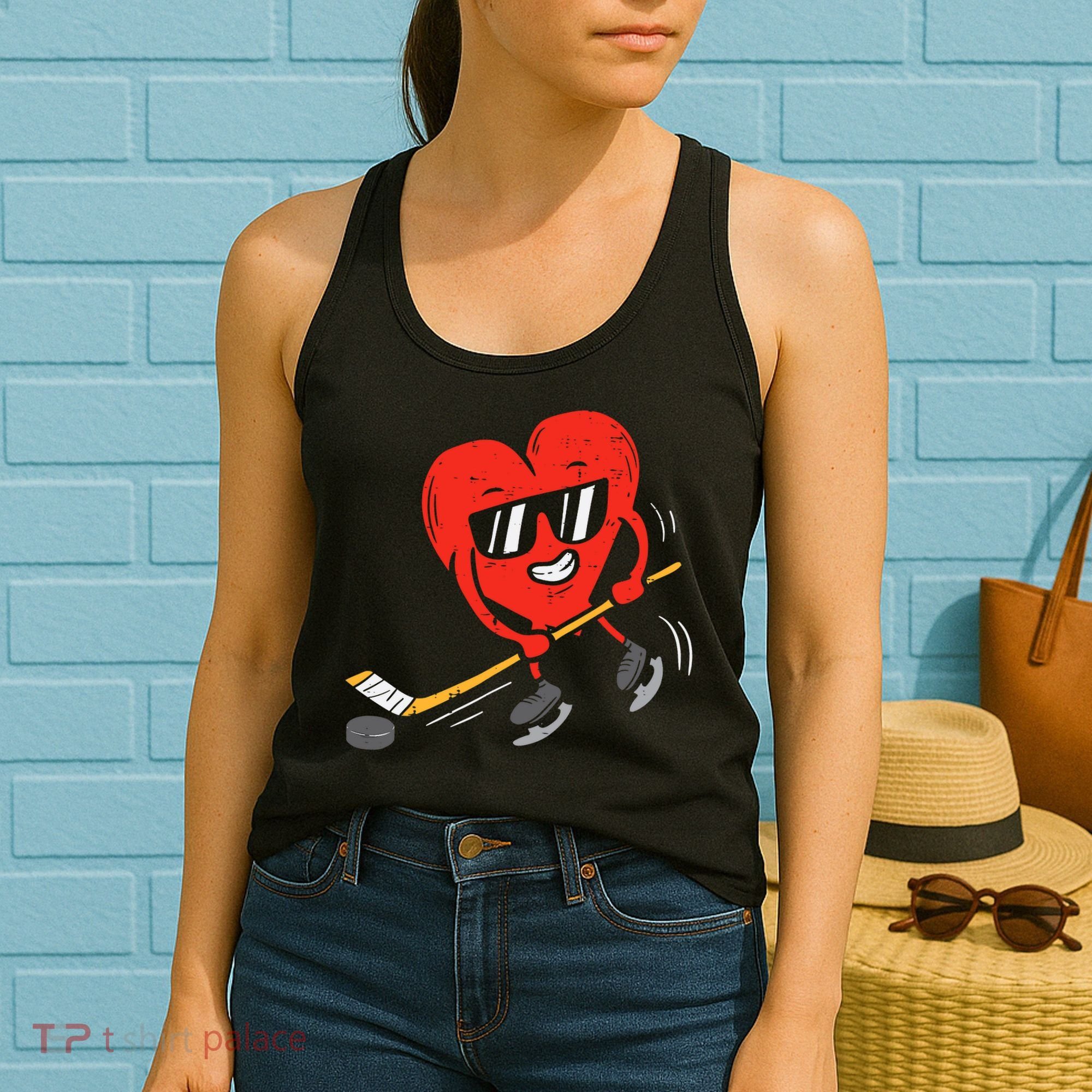 Heart Playing Ice Hockey Valentines Day Love Sports Boys Women's Tank Top