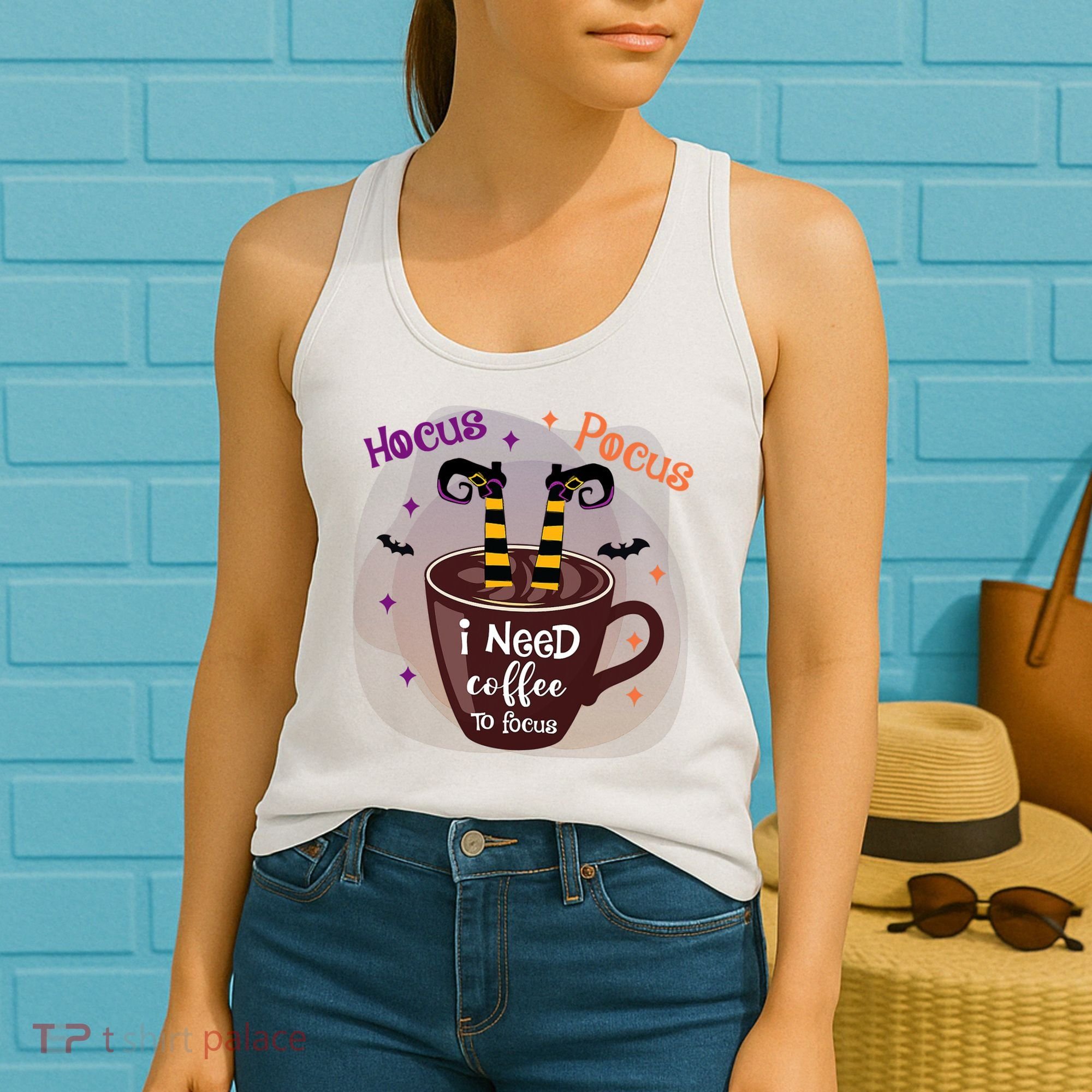 Hocus Pocus I Need Coffee To Focus Funny Halloween Costume Women's Tank Top