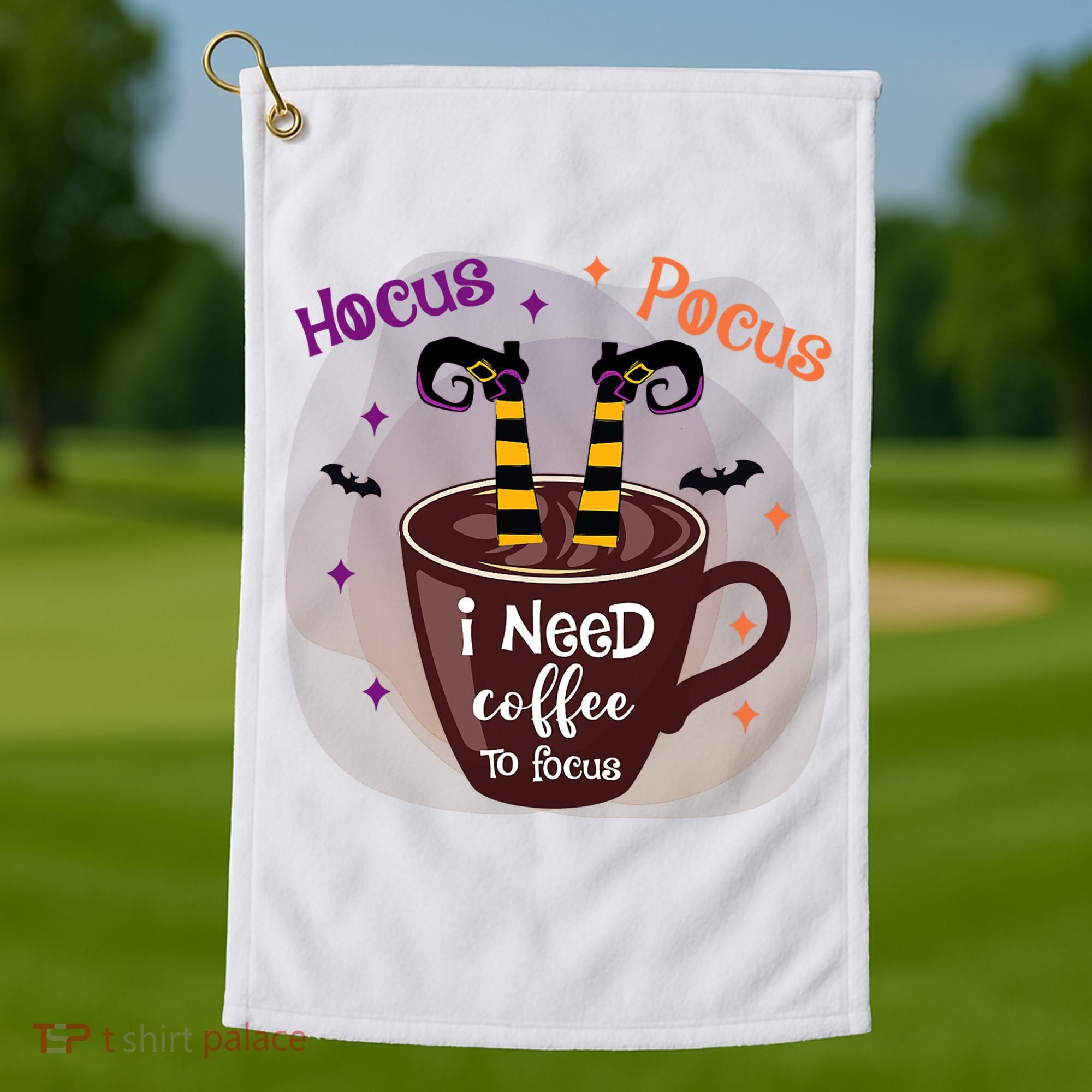 Hocus Pocus I Need Coffee To Focus Funny Halloween Costume Golf Towel
