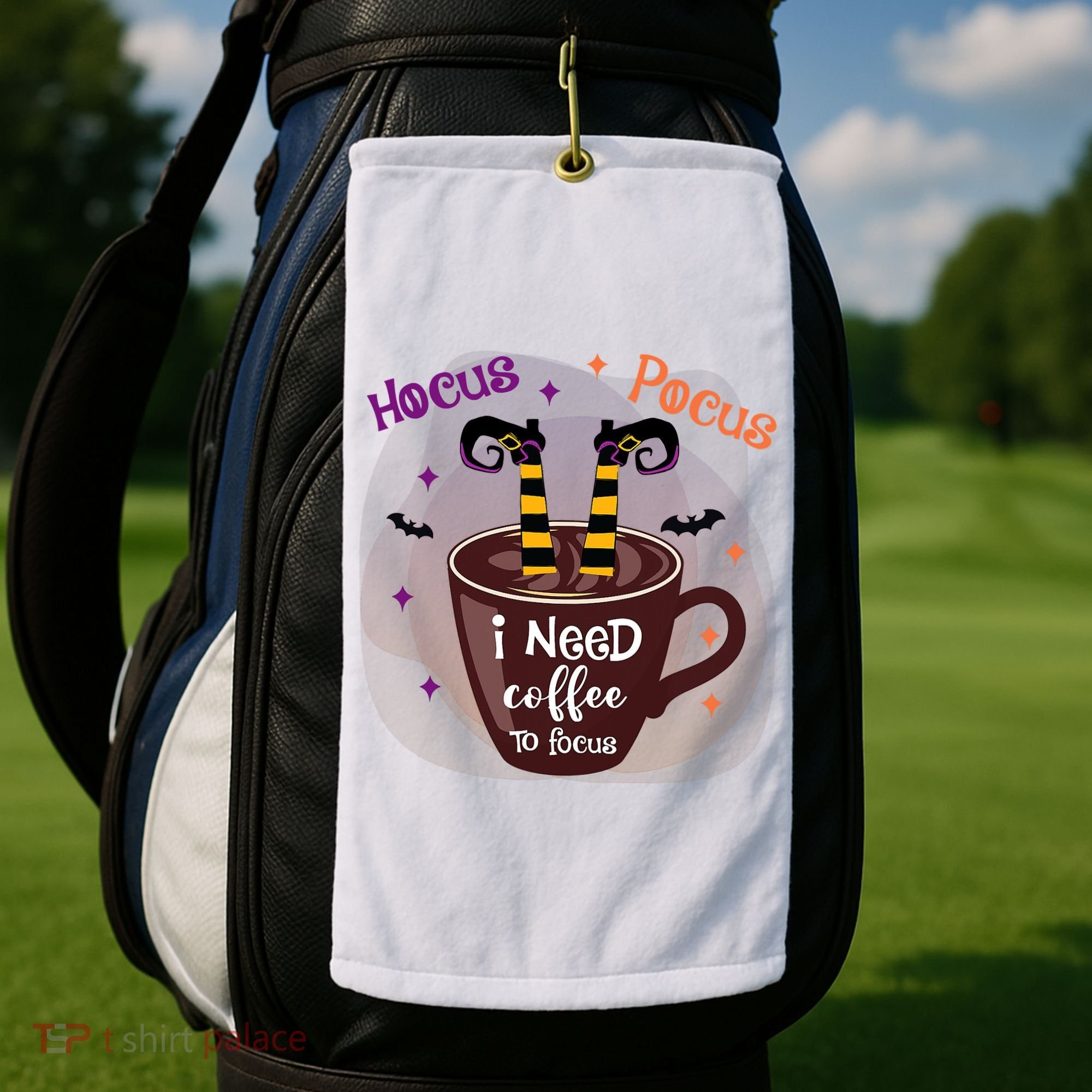 Hocus Pocus I Need Coffee To Focus Funny Halloween Costume Golf Towel