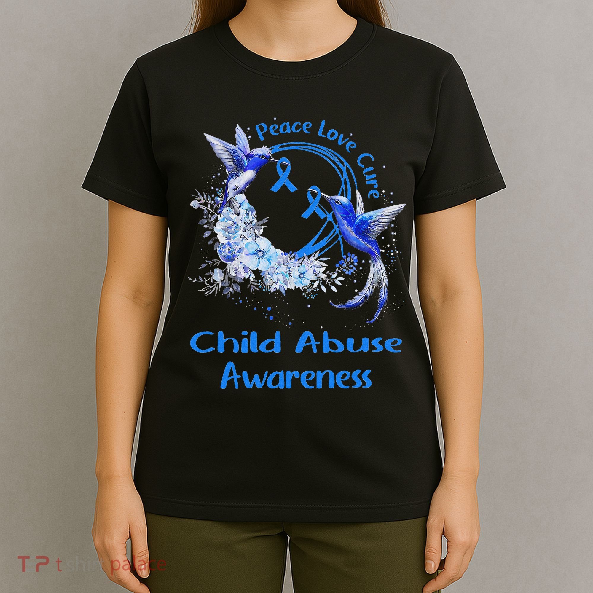 Hummingbird Peace Love Cure Child Abuse Awareness T-Shirt