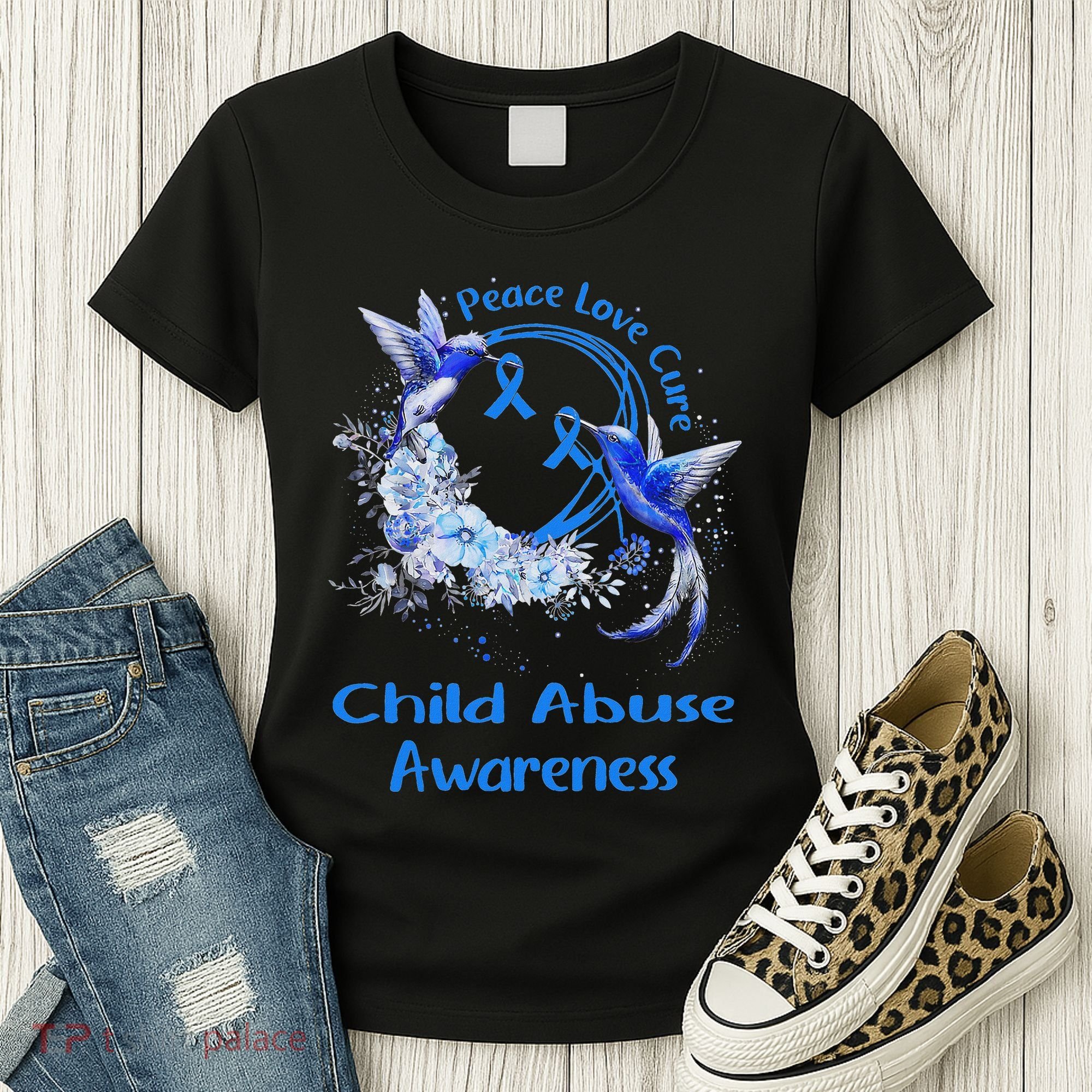 Hummingbird Peace Love Cure Child Abuse Awareness Women's T-Shirt